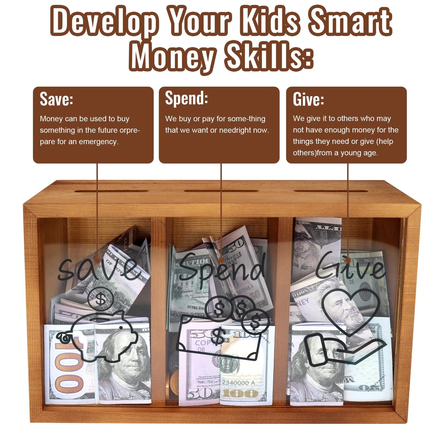 Mczxon Wooden Spend Save Give Piggy Bank for Kids – 3-Compartment Money Box