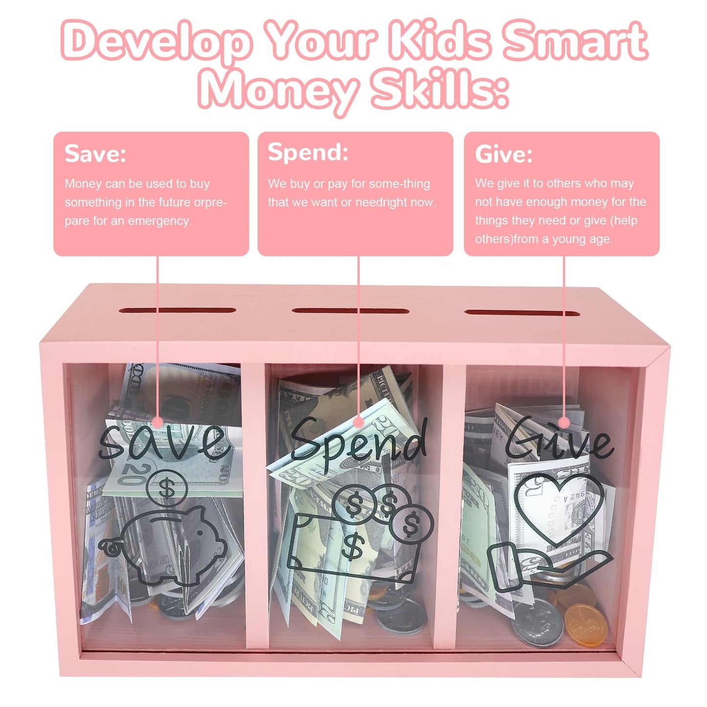Mczxon Pink Wooden Give Save Spend Piggy Bank for Kids – Teach Budgeting & Generosity