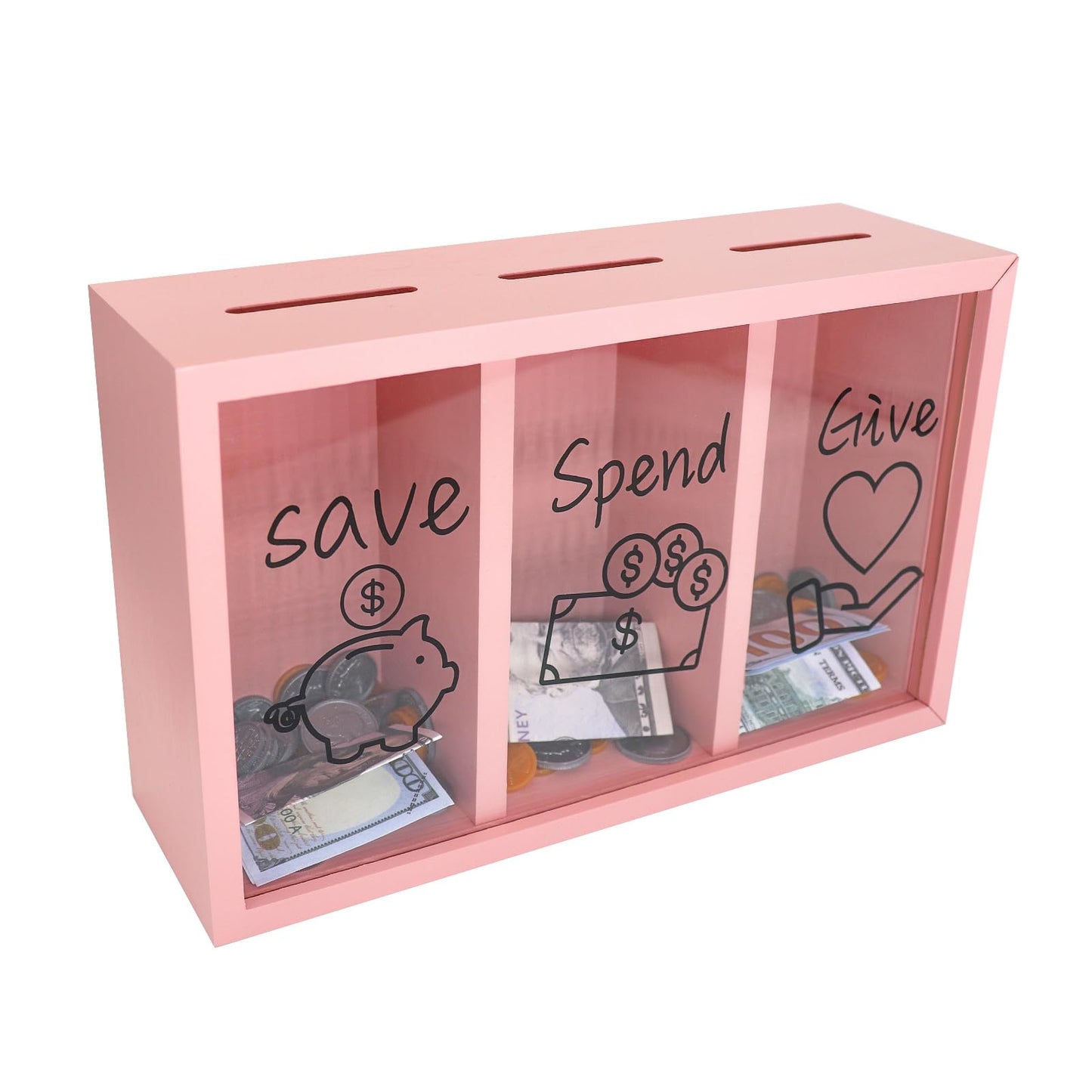 Mczxon Pink Wooden Give Save Spend Piggy Bank for Kids – Teach Budgeting & Generosity