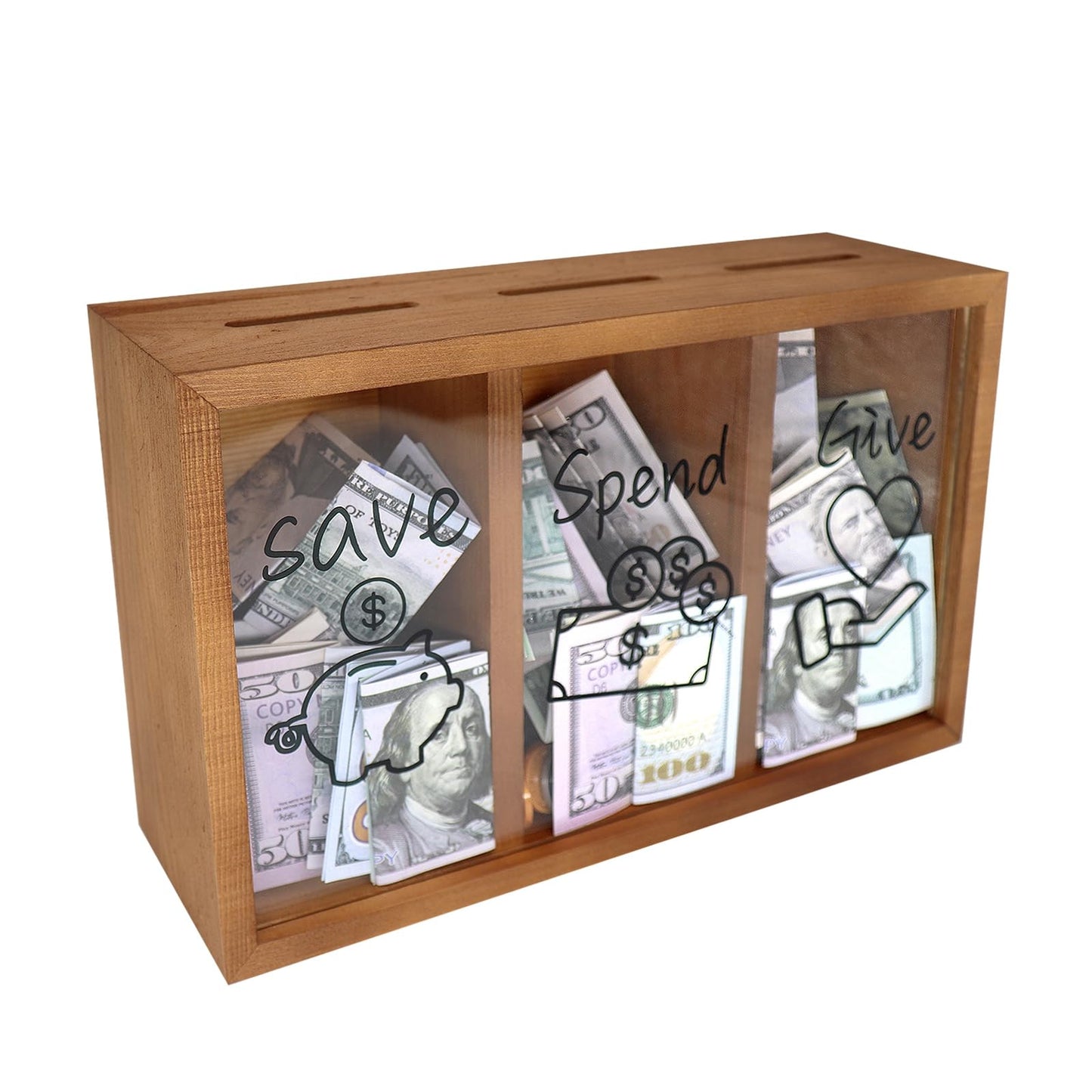 Mczxon Wooden Spend Save Give Piggy Bank for Kids – 3-Compartment Money Box