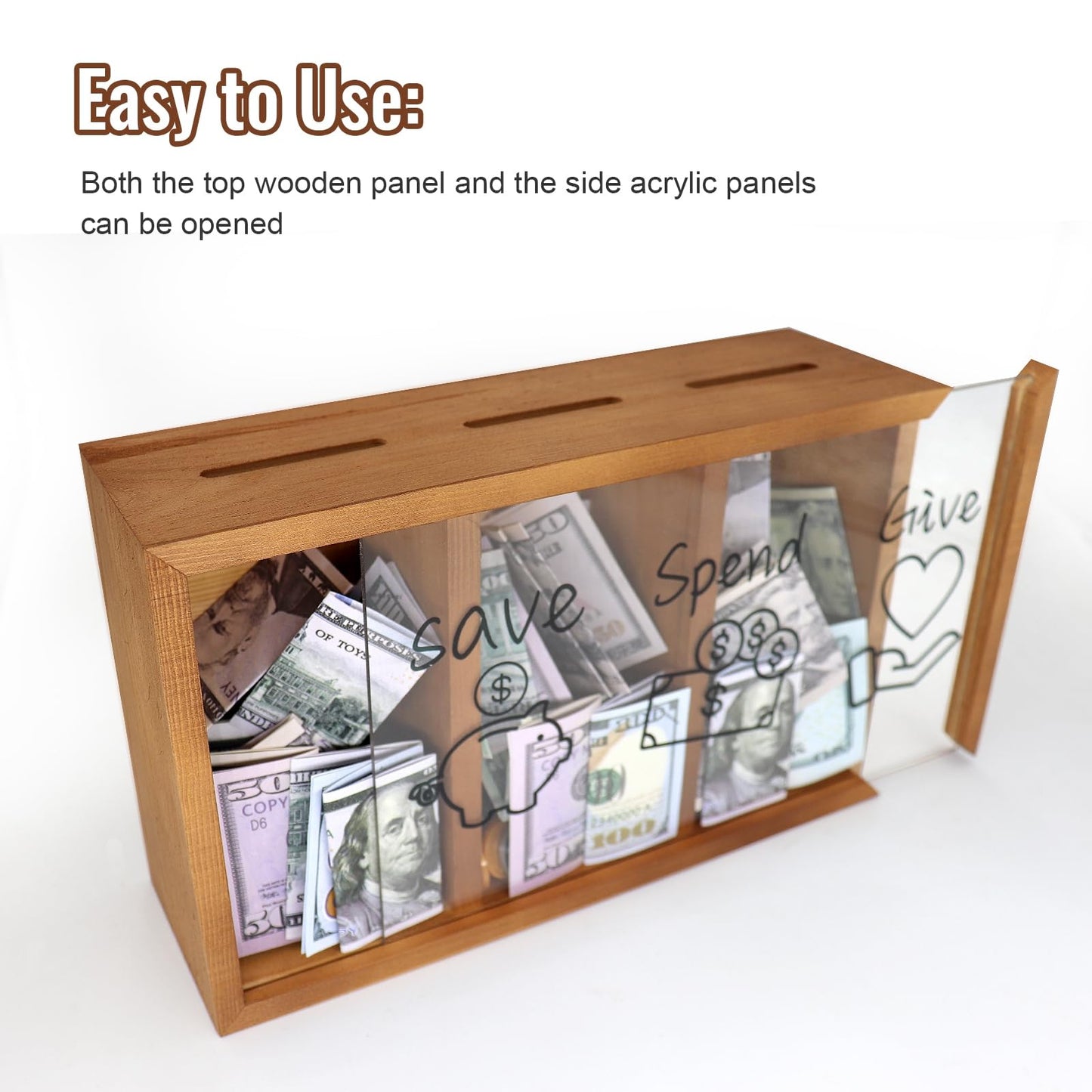 Mczxon Wooden Spend Save Give Piggy Bank for Kids – 3-Compartment Money Box
