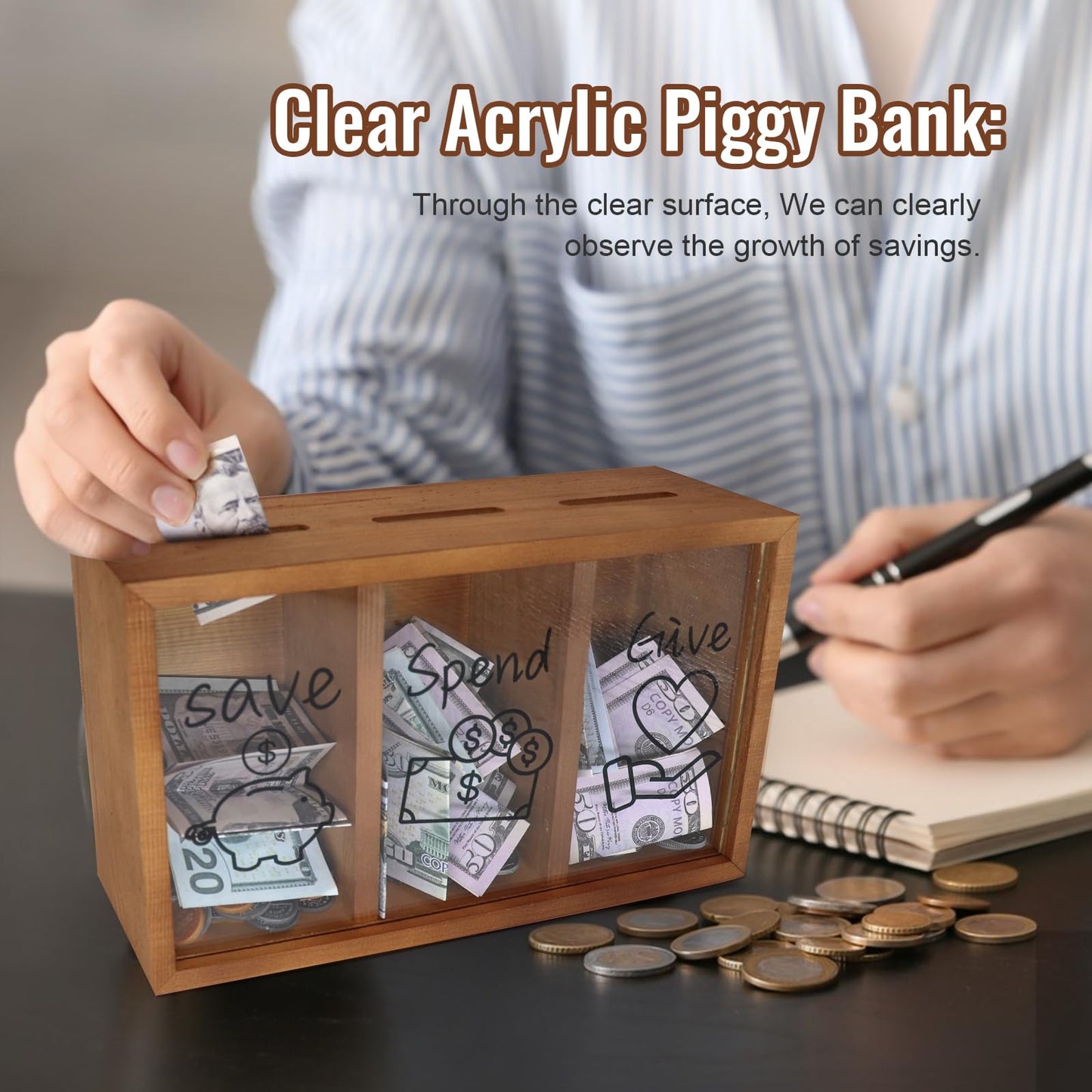 Mczxon Wooden Spend Save Give Piggy Bank for Kids – 3-Compartment Money Box