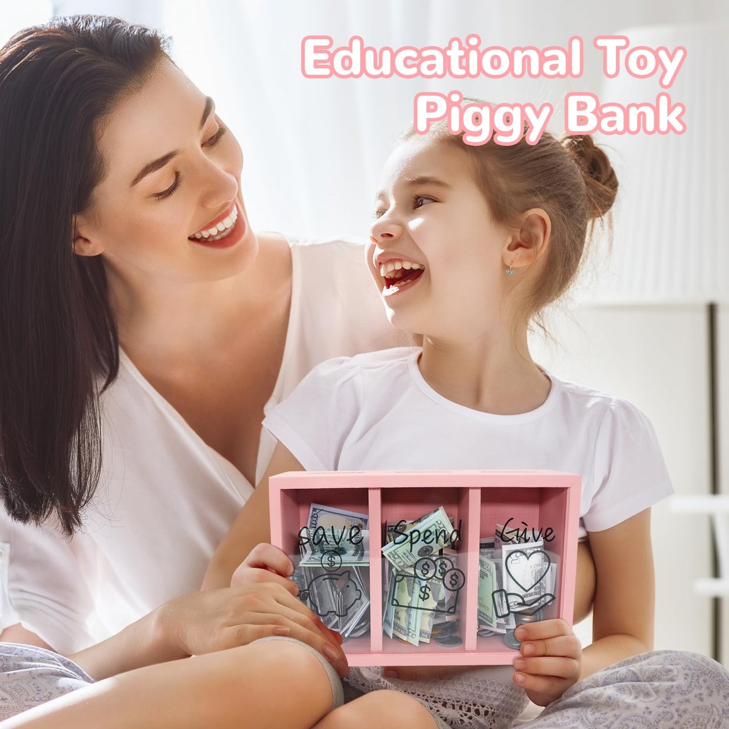 Mczxon Pink Wooden Give Save Spend Piggy Bank for Kids – Teach Budgeting & Generosity