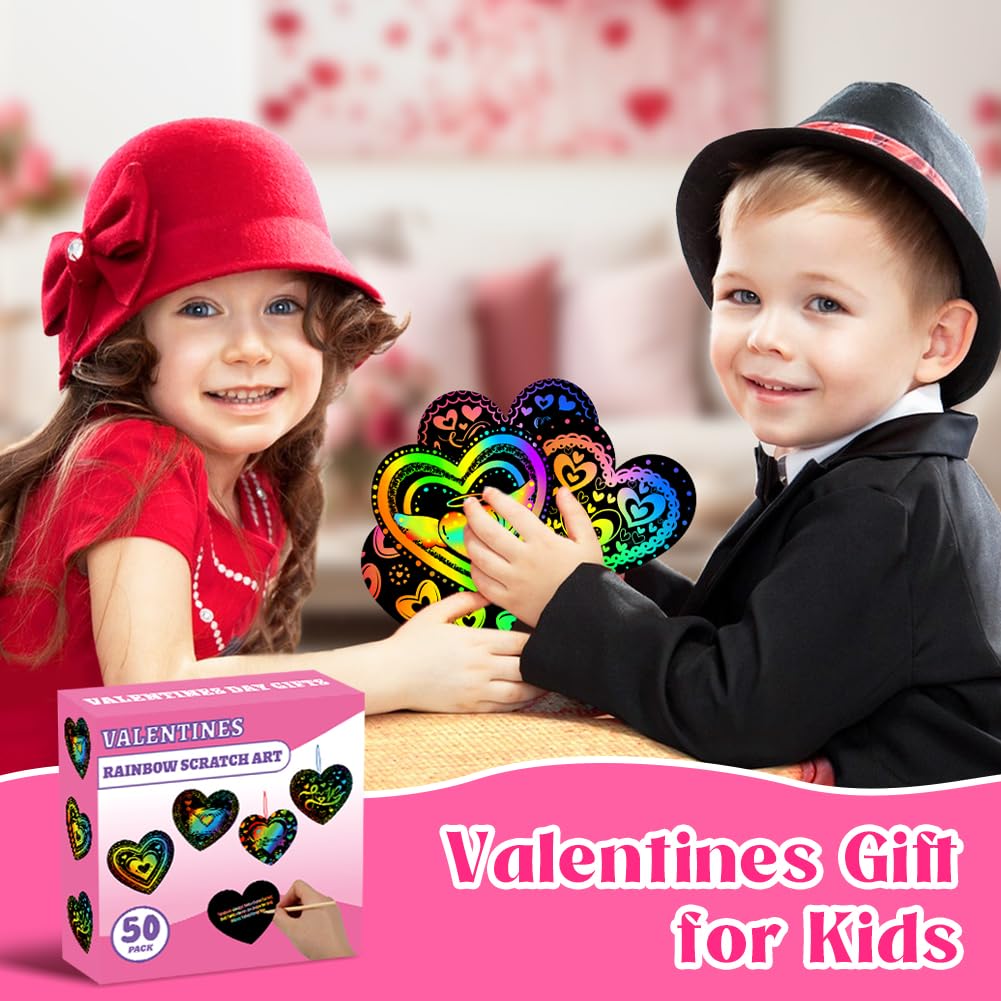 MDCGFOD 50 Pack Valentines Day Scratch Art Cards for Kids – Rainbow Heart Crafts for Classroom & Party Favors