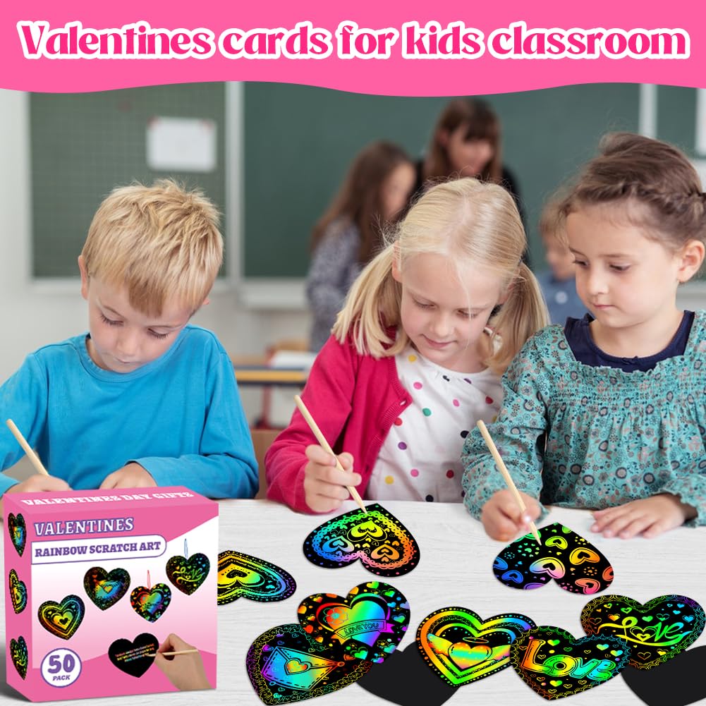 MDCGFOD 50 Pack Valentines Day Scratch Art Cards for Kids – Rainbow Heart Crafts for Classroom & Party Favors