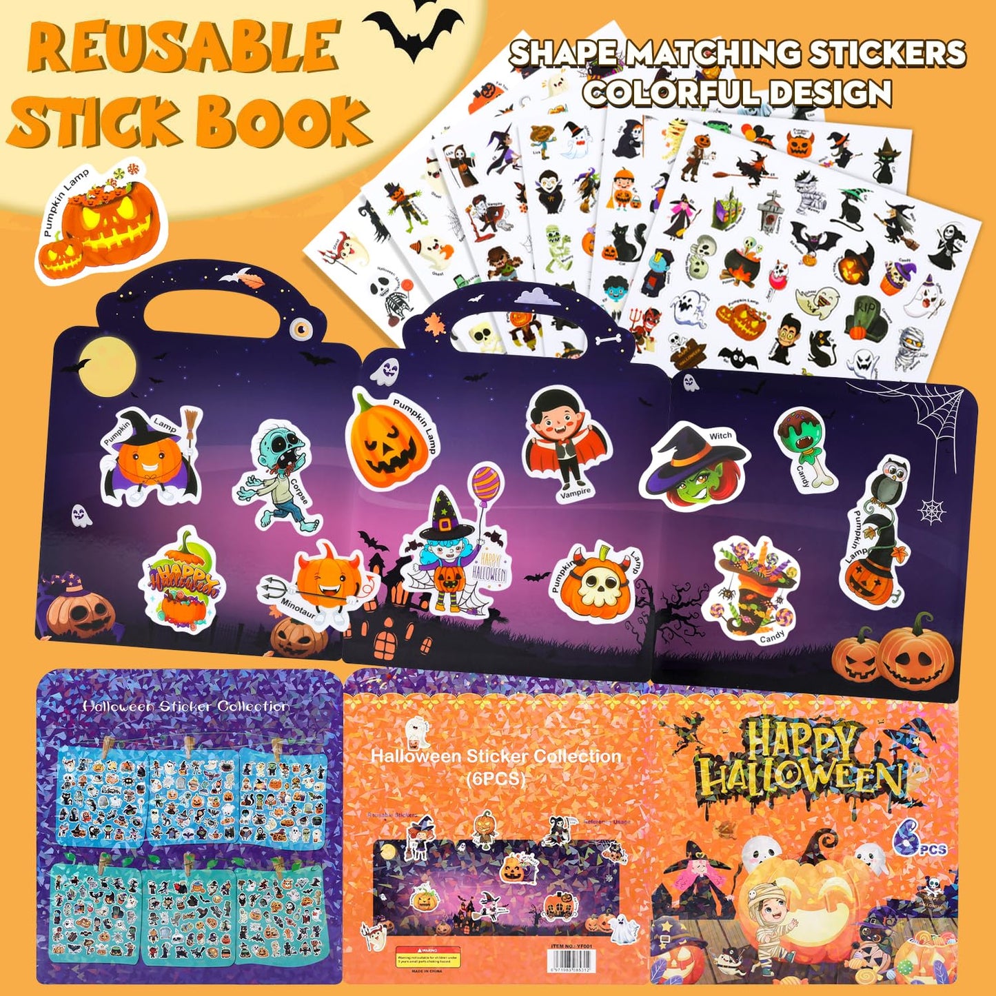 MDCGFOD Halloween Reusable Sticker Books for Kids 2-4 | Travel & Learning Busy Book