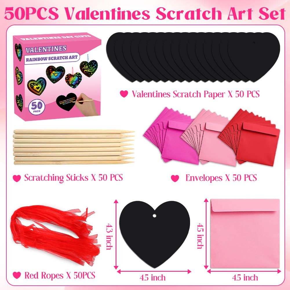 MDCGFOD 50 Pack Valentines Day Scratch Art Cards for Kids – Rainbow Heart Crafts for Classroom & Party Favors