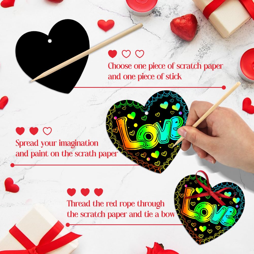 MDCGFOD 50 Pack Valentines Day Scratch Art Cards for Kids – Rainbow Heart Crafts for Classroom & Party Favors