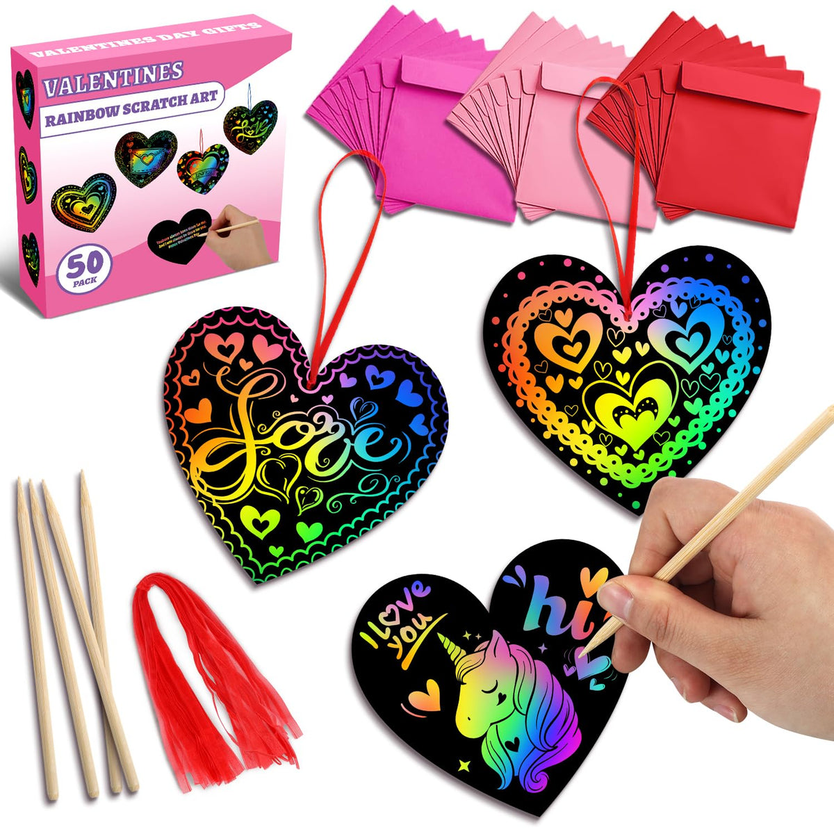 MDCGFOD 50 Pack Valentines Day Scratch Art Cards for Kids – Rainbow Heart Crafts for Classroom & Party Favors