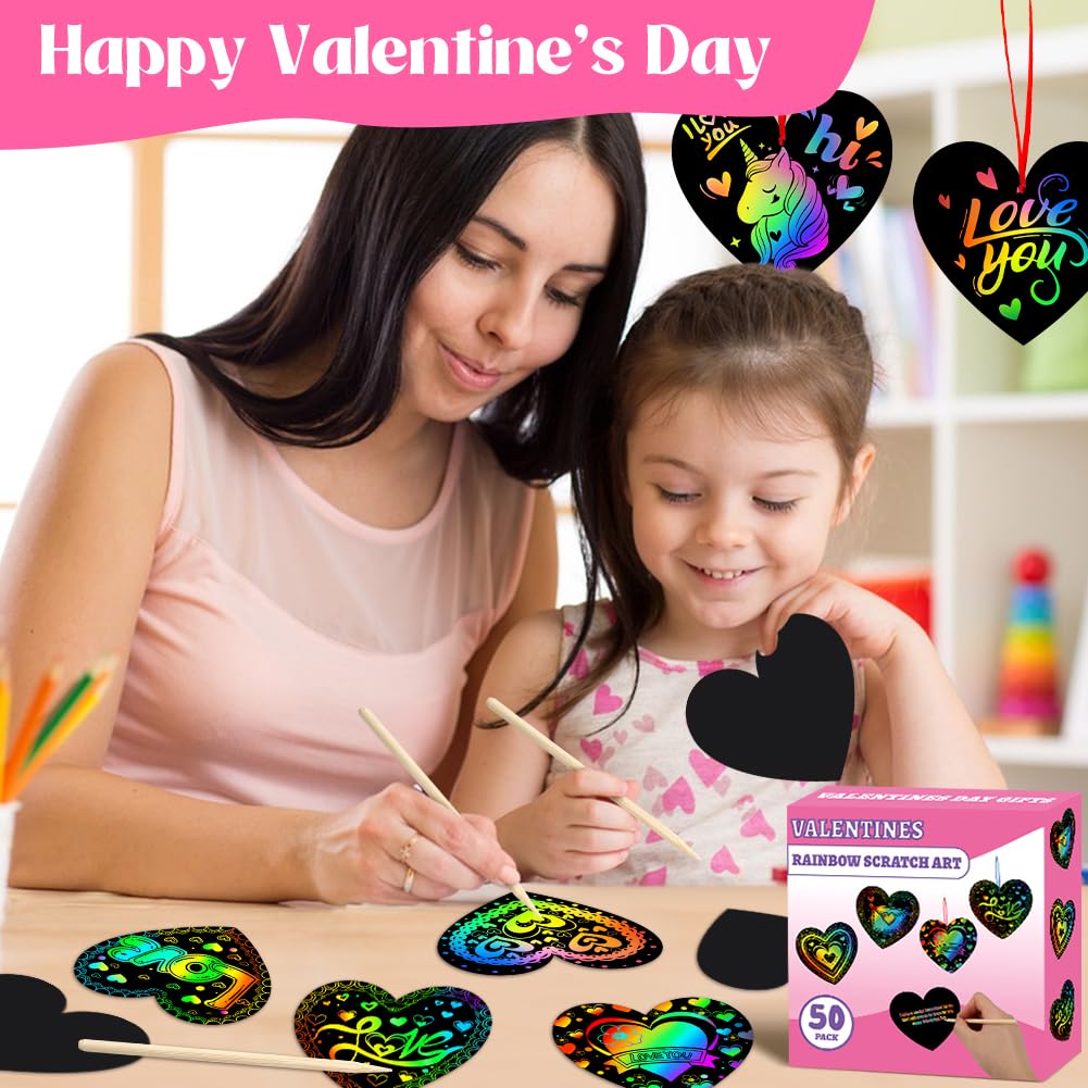 MDCGFOD 50 Pack Valentines Day Scratch Art Cards for Kids – Rainbow Heart Crafts for Classroom & Party Favors