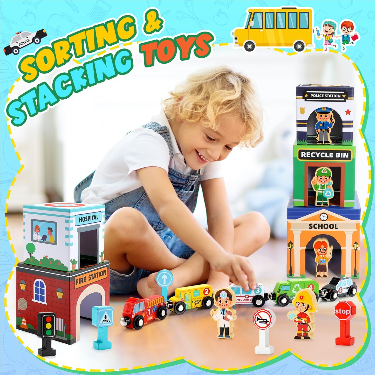 MDINGTD Baby Stacking Toys – Magnetic Wooden Cars & Garage Sorting