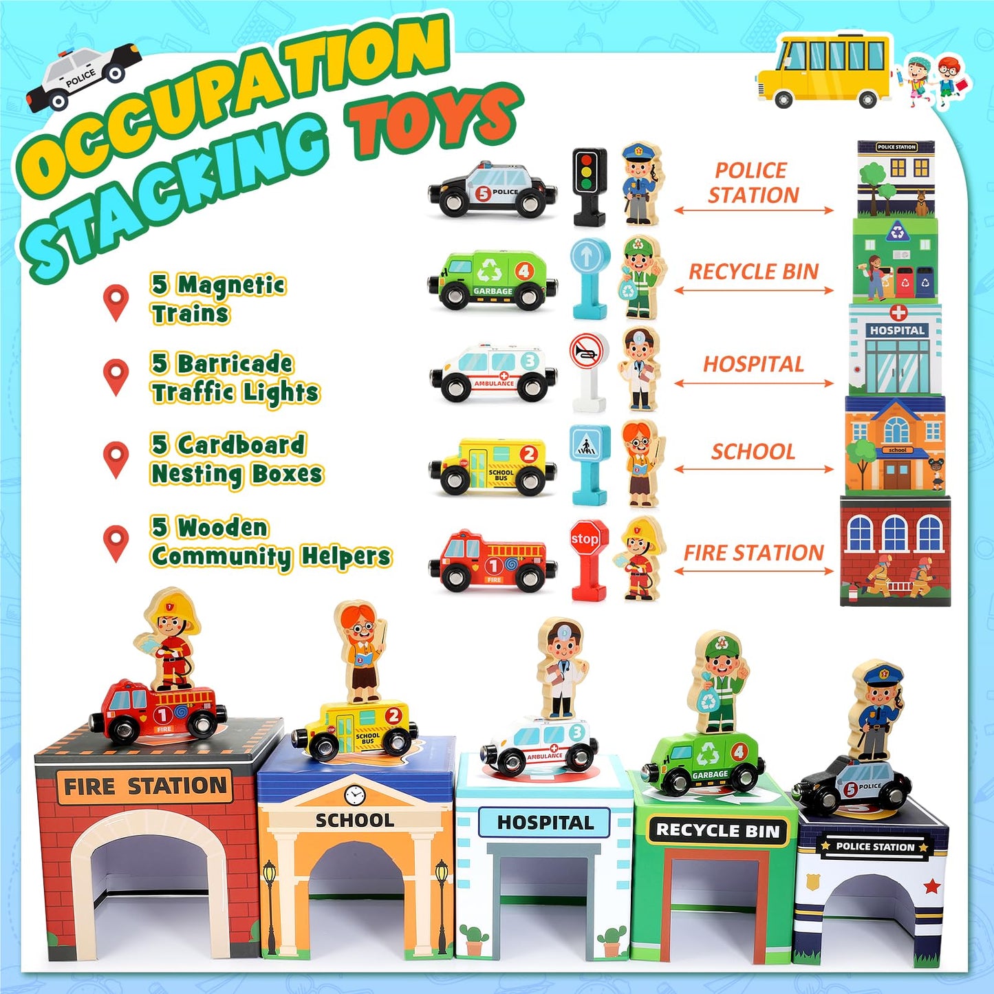 MDINGTD Baby Stacking Toys – Magnetic Wooden Cars & Garage Sorting