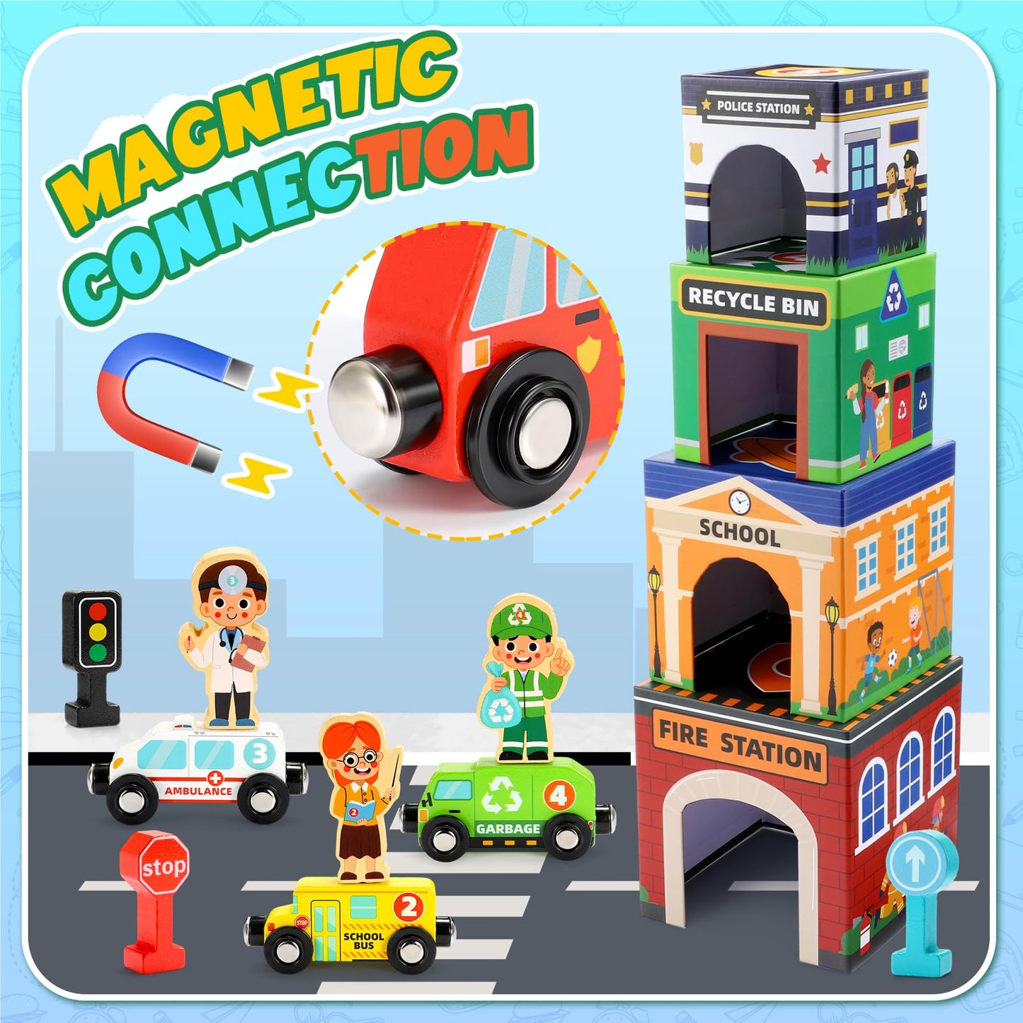 MDINGTD Baby Stacking Toys – Magnetic Wooden Cars & Garage Sorting