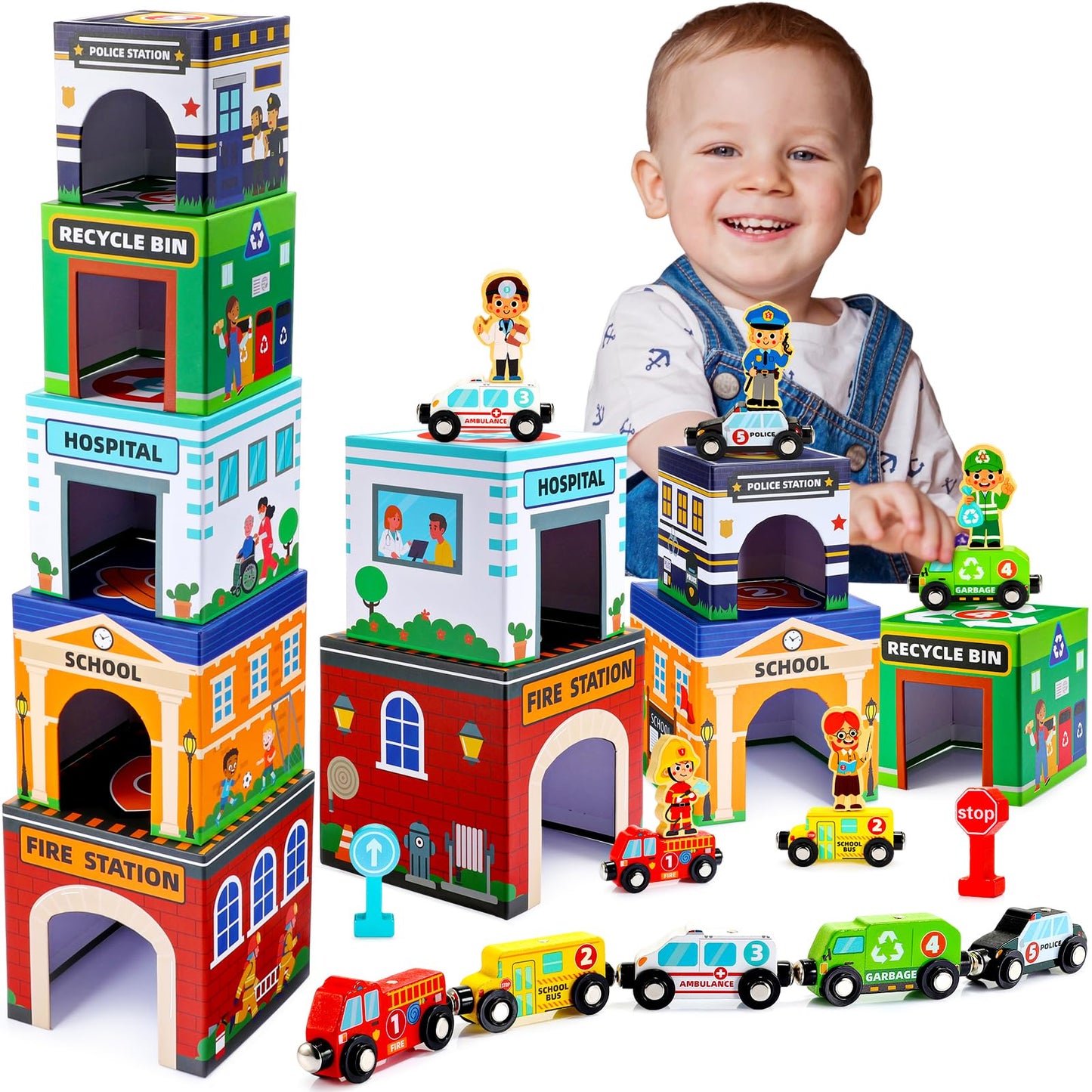 MDINGTD Baby Stacking Toys – Magnetic Wooden Cars & Garage Sorting