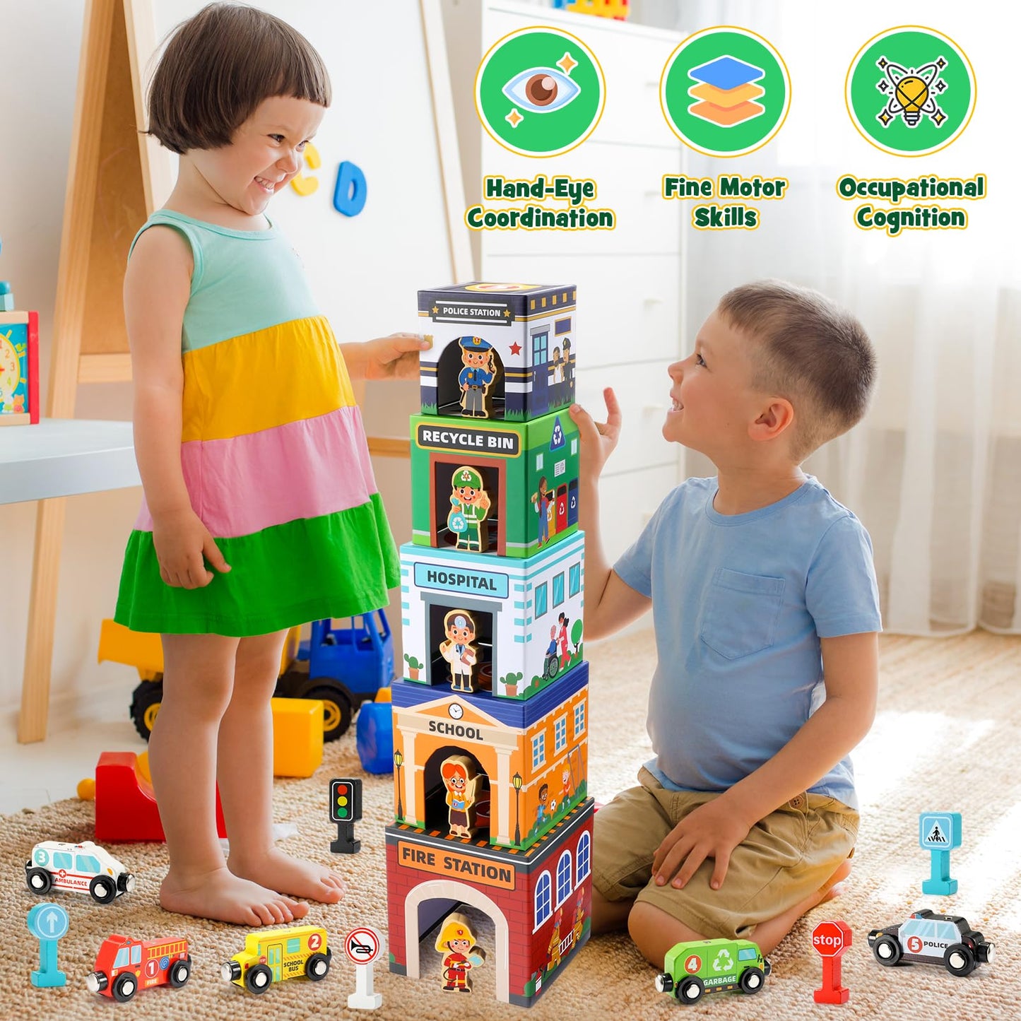 MDINGTD Baby Stacking Toys – Magnetic Wooden Cars & Garage Sorting