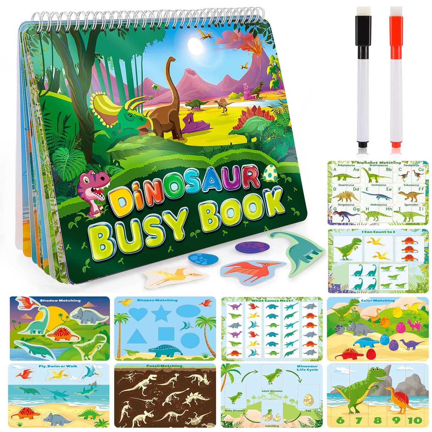 MDINGTD Dinosaur Busy Book for Kids 3-5 | Montessori Preschool Learning Toy