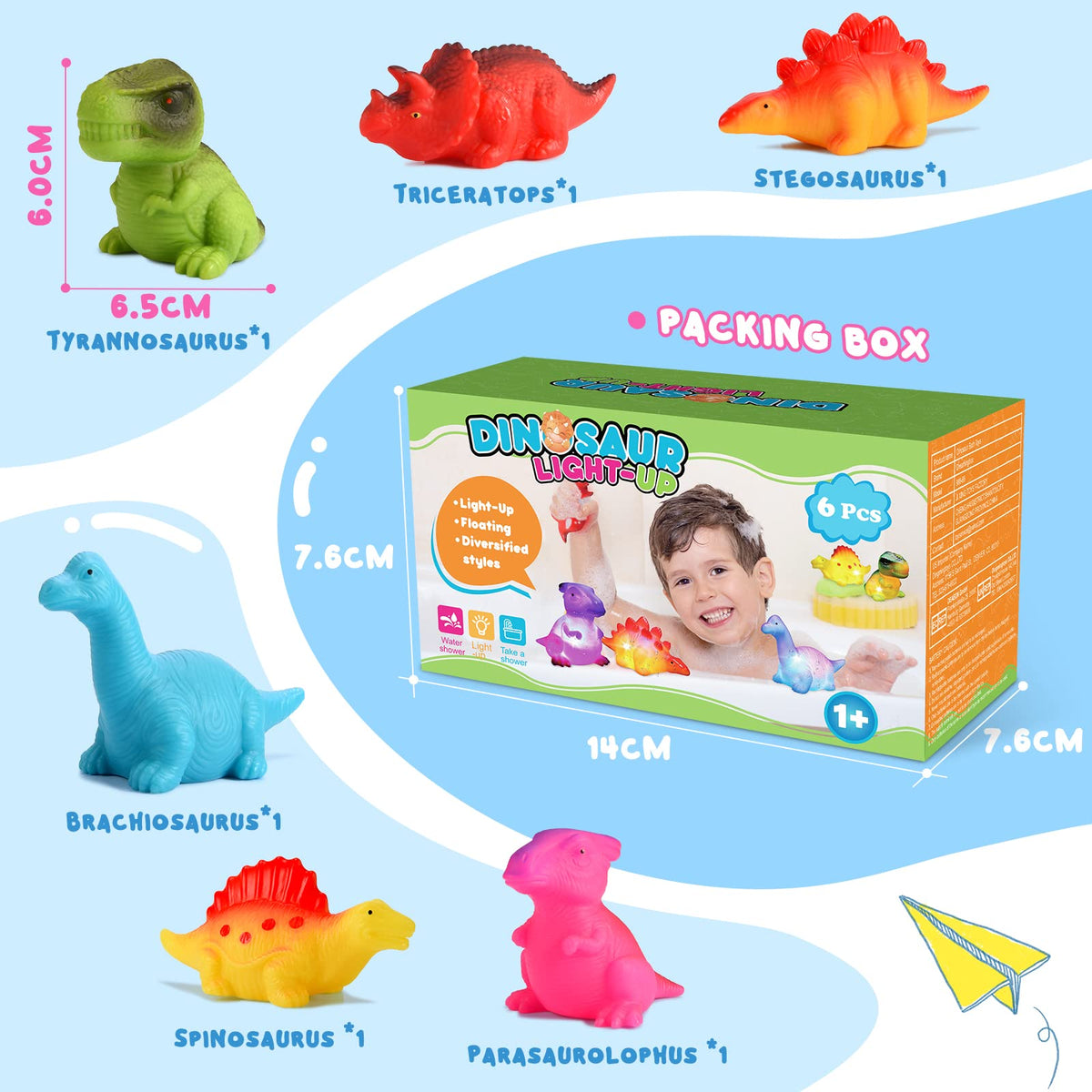 MDINGTD Baby Bath Toys 1-5 Years – Light-Up Floating Dinosaur Pack (6 Toys)