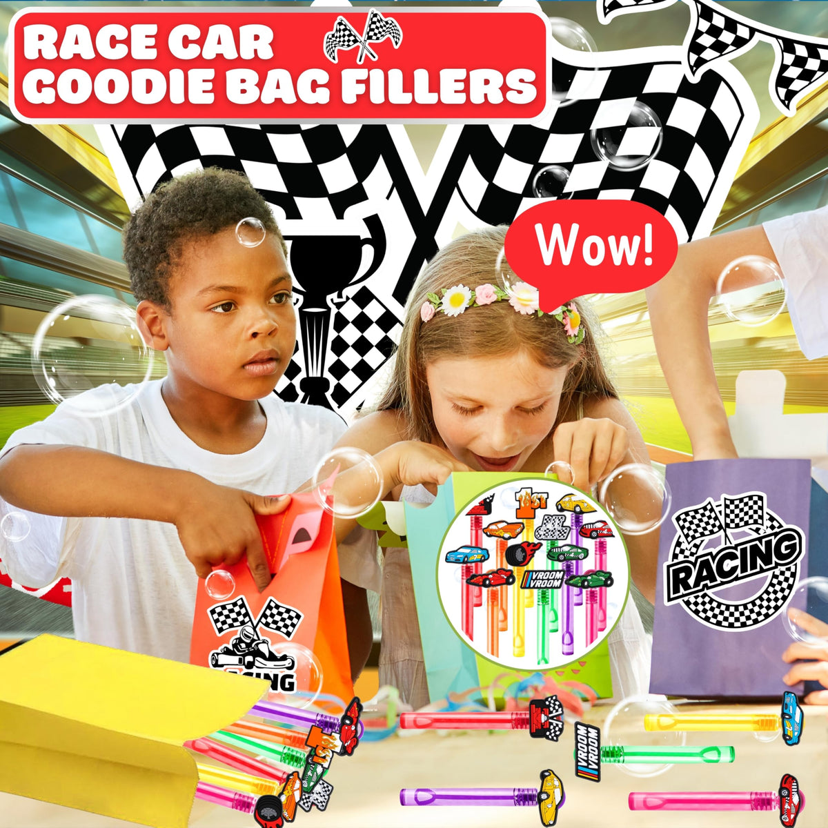 MDNHIO Race Car Bubble Wands – 24-Pack Racing-Themed Party Favors for Kids