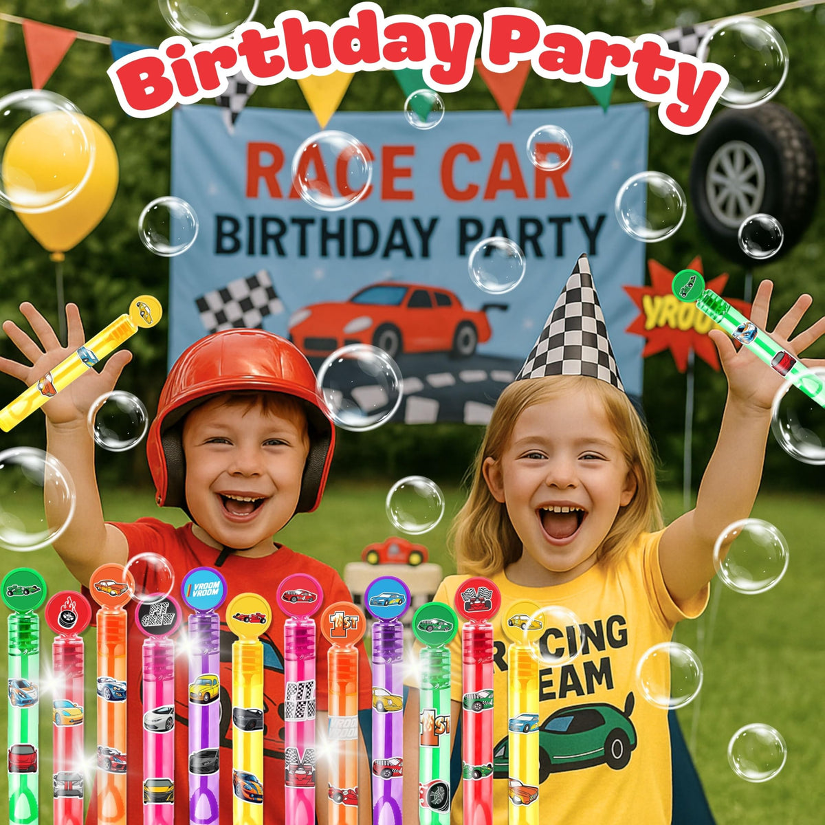 MDNHIO Race Car Party Favors – 24 Racing-Themed Bubble Wands, Pre-Decorated & Gift-Ready