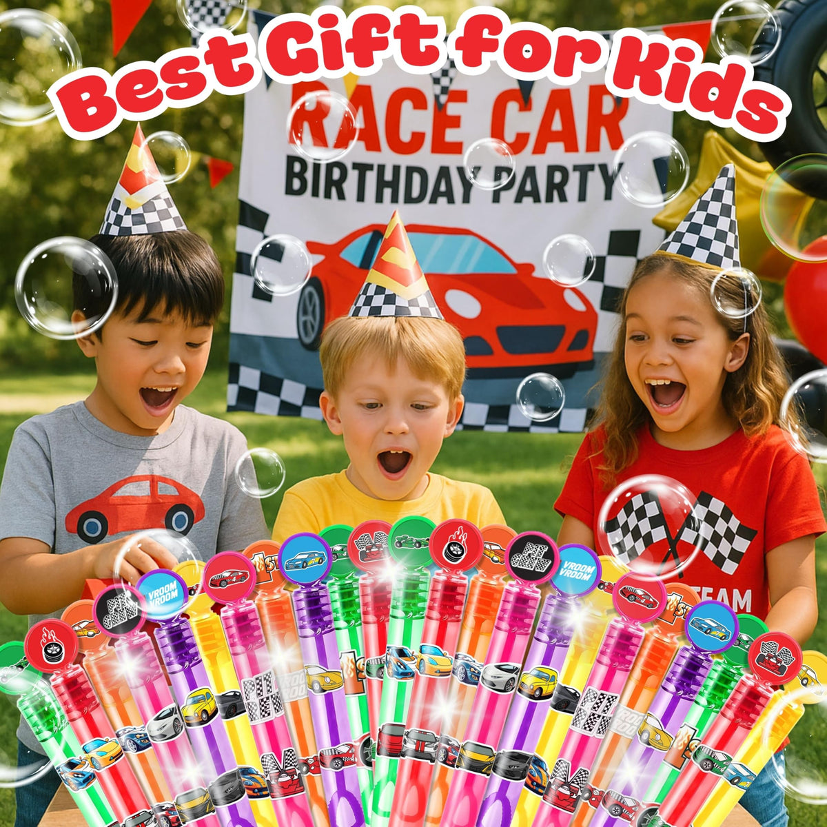 MDNHIO Race Car Party Favors – 24 Racing-Themed Bubble Wands, Pre-Decorated & Gift-Ready