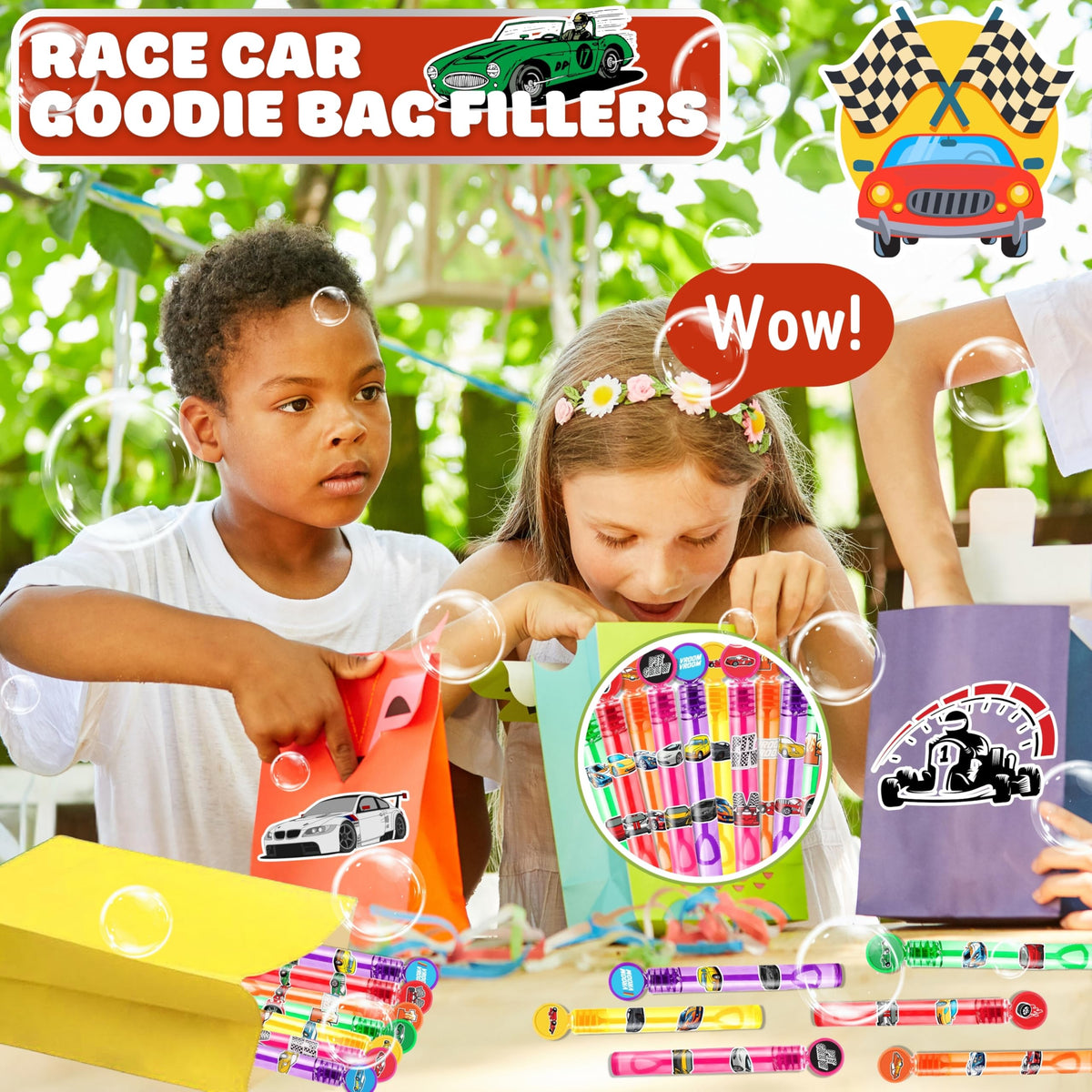 MDNHIO Race Car Party Favors – 24 Racing-Themed Bubble Wands, Pre-Decorated & Gift-Ready