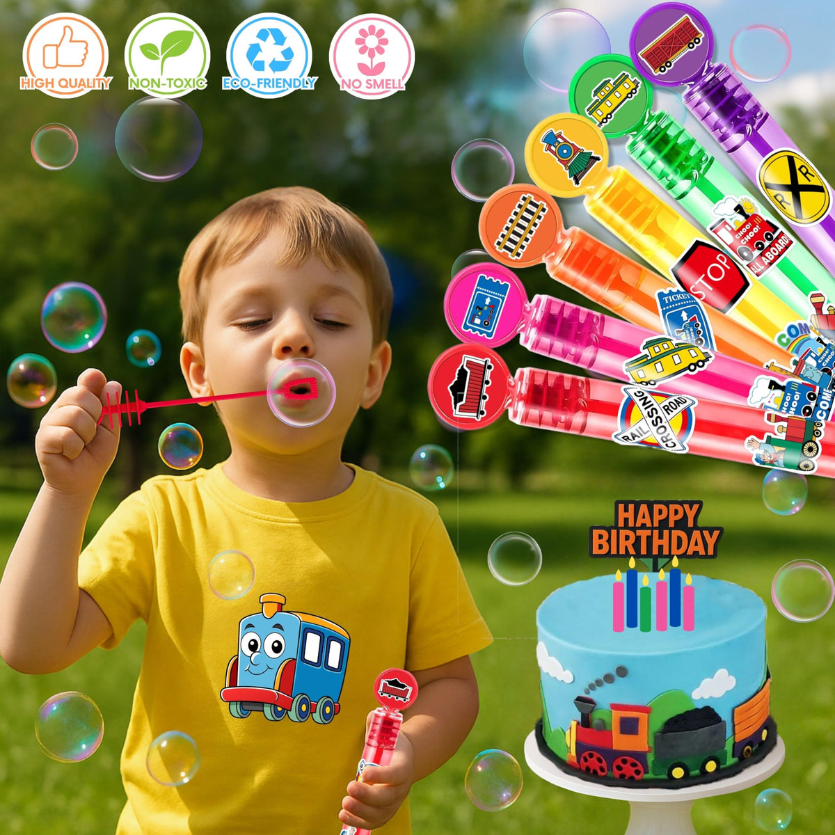 MDNHIO Train Party Favors – 24 Locomotive Bubble Wands for Kids