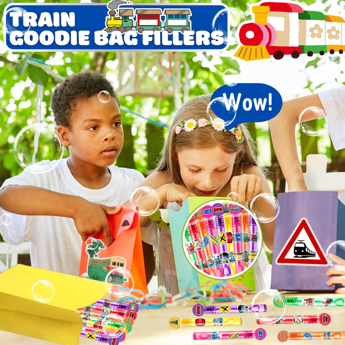MDNHIO Train Party Favors – 24 Locomotive Bubble Wands for Kids
