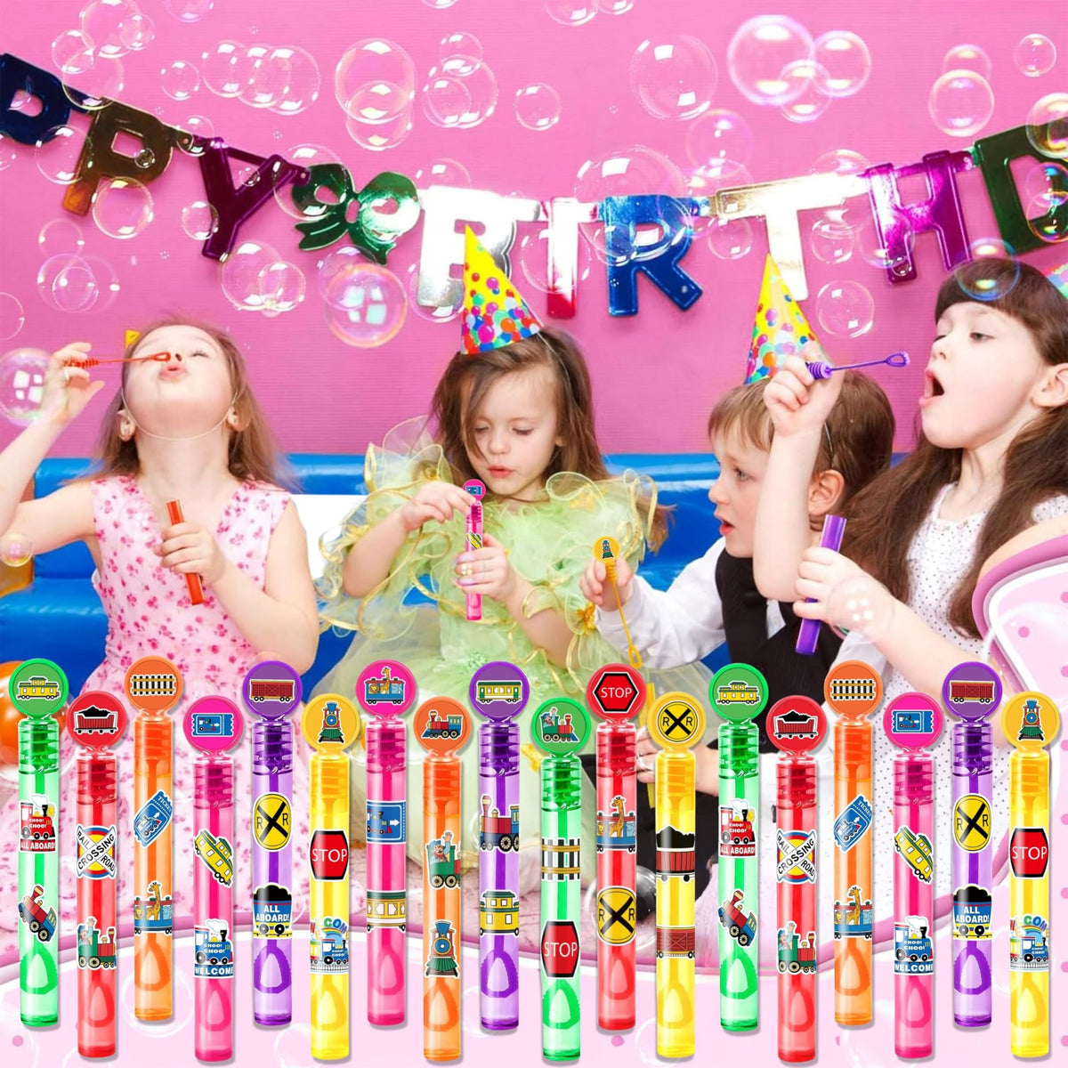 MDNHIO Train Party Favors – 24 Locomotive Bubble Wands for Kids