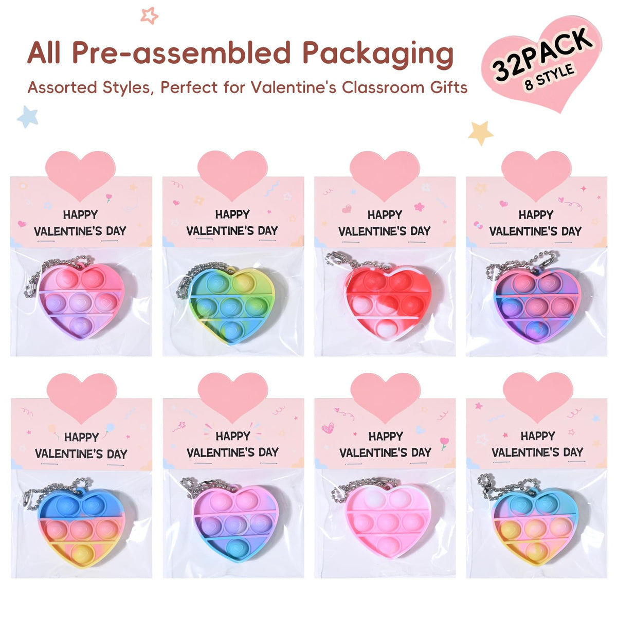 MEADIN Valentines Day Gifts for Kids – 32-Pack Cards with Heart Pop Keychains | Classroom Exchange
