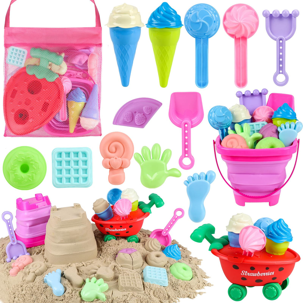 Meaicezli Beach Toys for Toddlers 3-5 — Collapsible Bucket & Ice Cream Cart