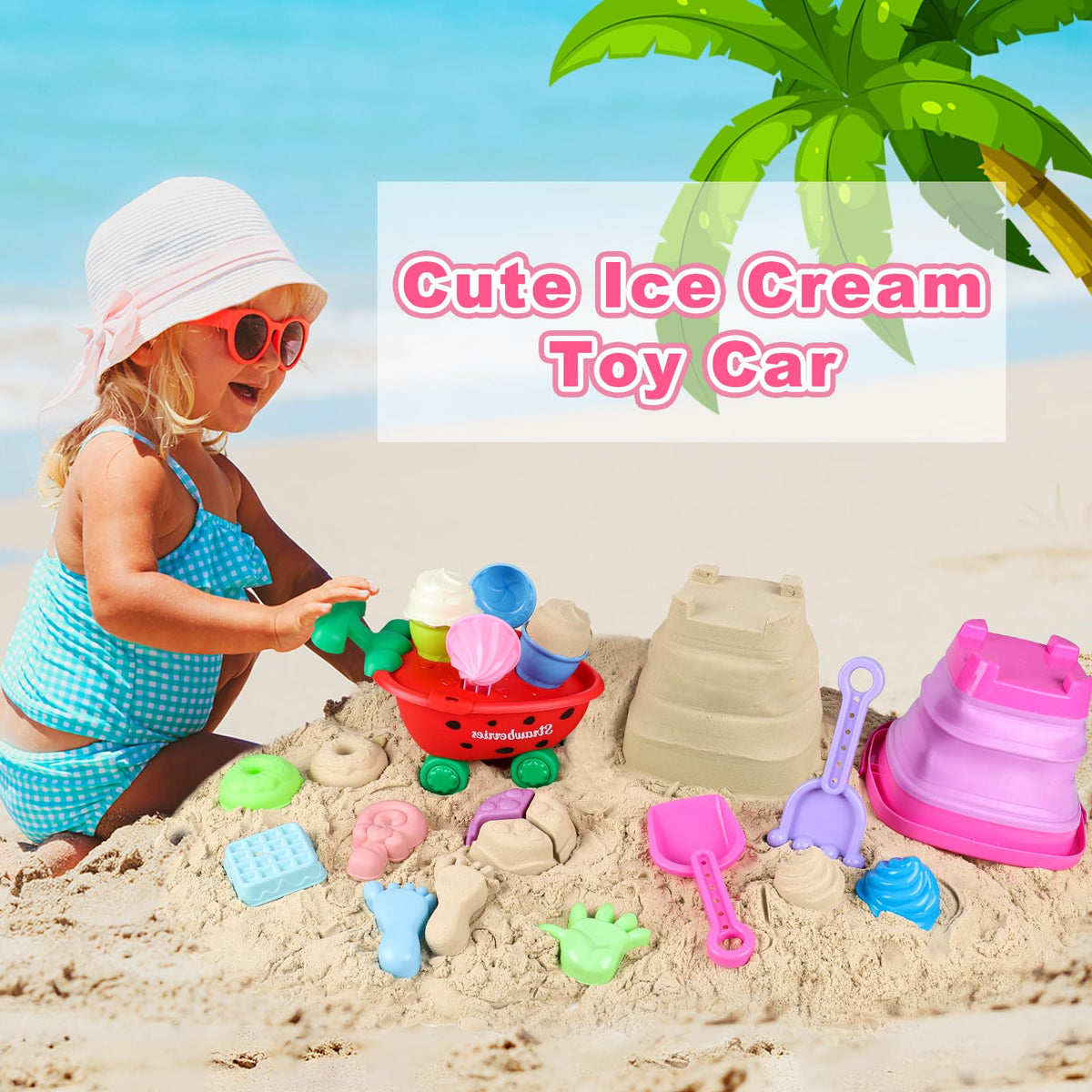 Meaicezli Beach Toys for Toddlers 3-5 — Collapsible Bucket & Ice Cream Cart