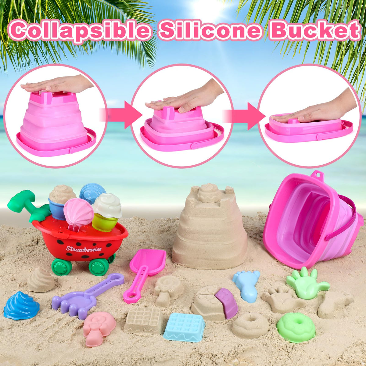 Meaicezli Beach Toys for Toddlers 3-5 — Collapsible Bucket & Ice Cream Cart
