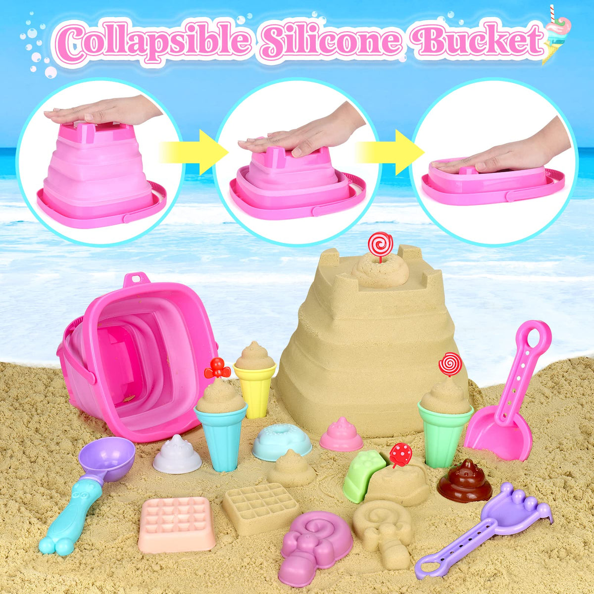 Meaicezli Collapsible Beach Toys Set — 19-Piece Travel Sand Kit with Mesh Bag