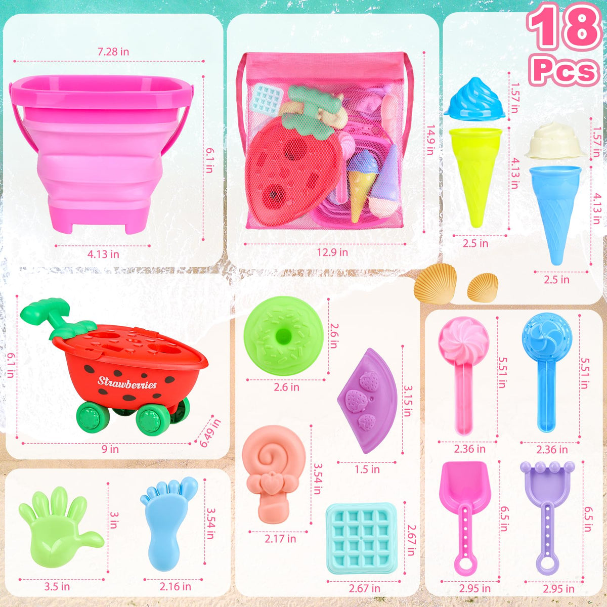 Meaicezli Beach Toys for Toddlers 3-5 — Collapsible Bucket & Ice Cream Cart
