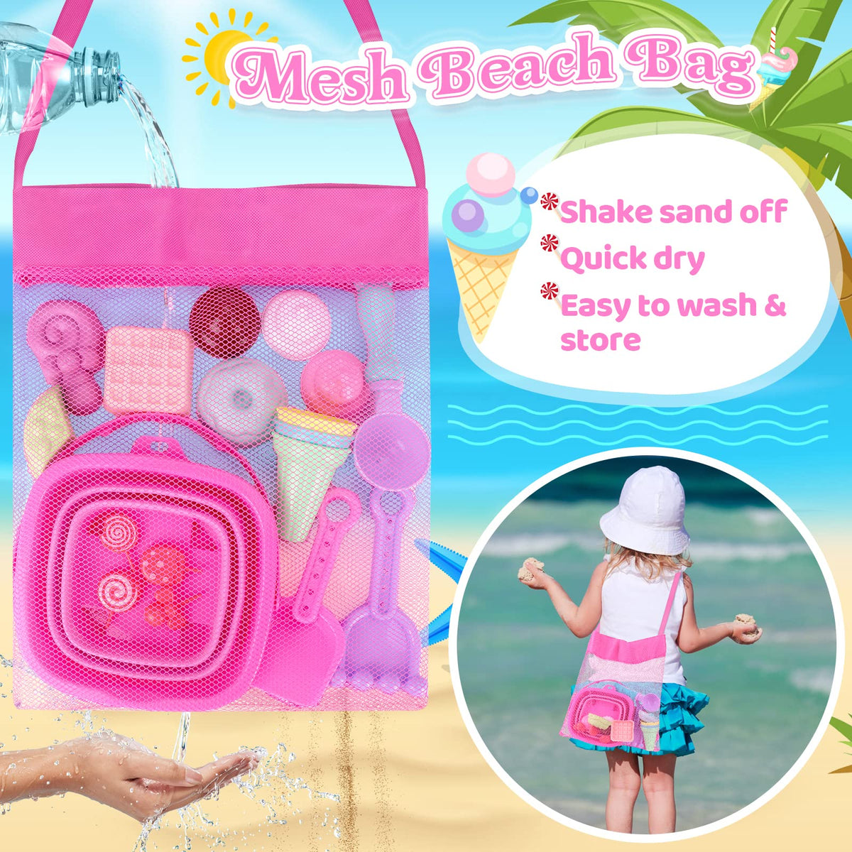 Meaicezli Collapsible Beach Toys Set — 19-Piece Travel Sand Kit with Mesh Bag