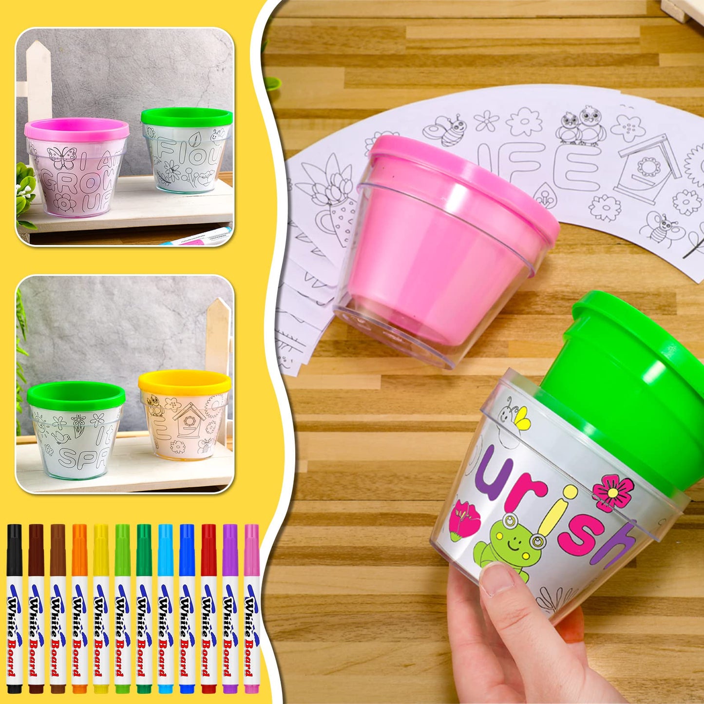 Meanplan 28 Pcs Spring Craft Kit: Paint Your Own Flower Pots with 12 Markers