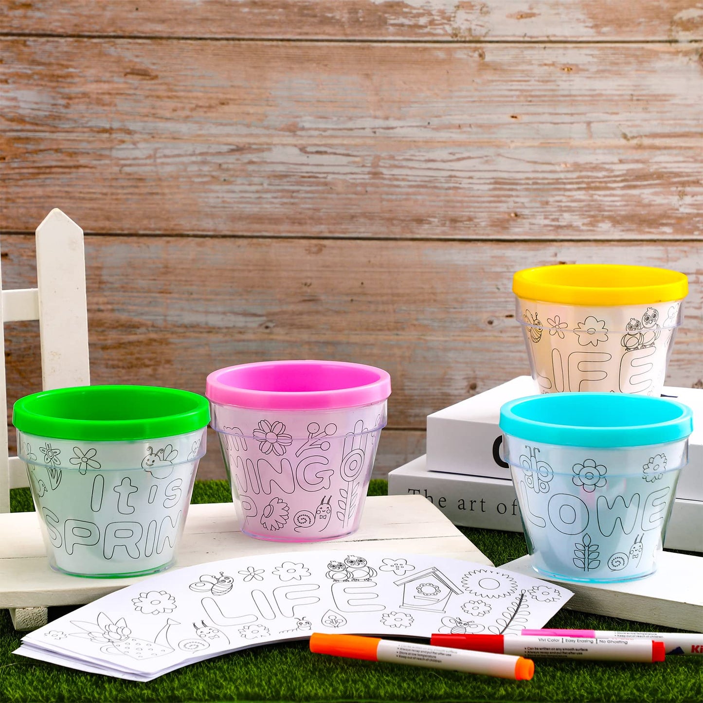 Meanplan 28 Pcs Spring Craft Kit: Paint Your Own Flower Pots with 12 Markers