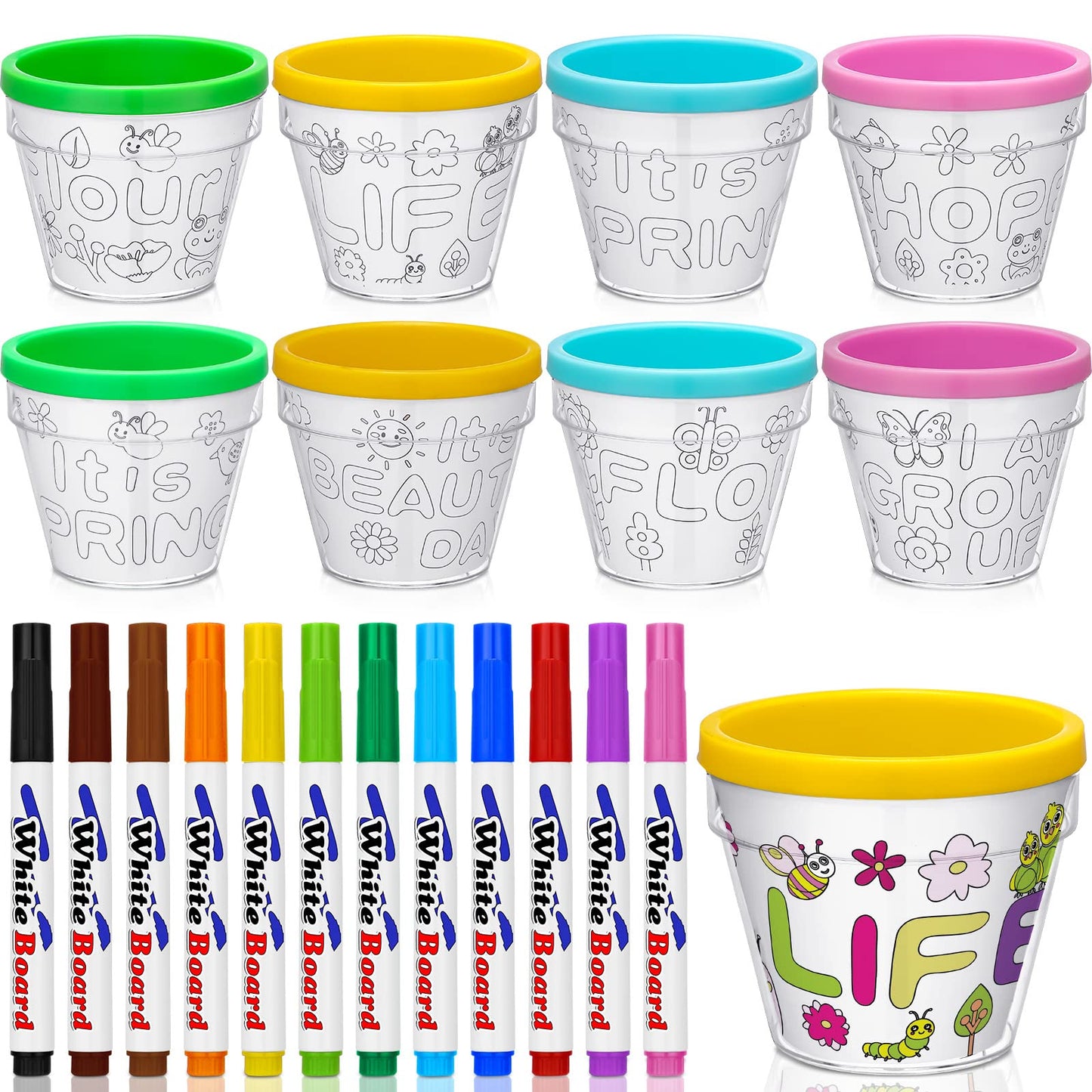 Meanplan 28 Pcs Spring Craft Kit: Paint Your Own Flower Pots with 12 Markers