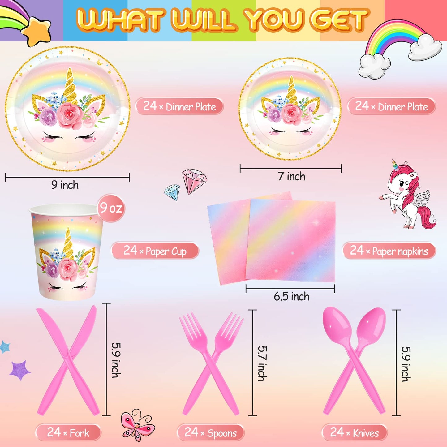 Meanplan 168 Pcs Unicorn Party Tableware Set – Serves 24 Guests for Birthday & Baby Shower