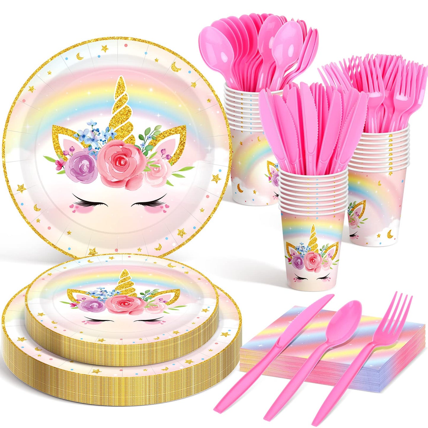 Meanplan 168 Pcs Unicorn Party Tableware Set – Serves 24 Guests for Birthday & Baby Shower