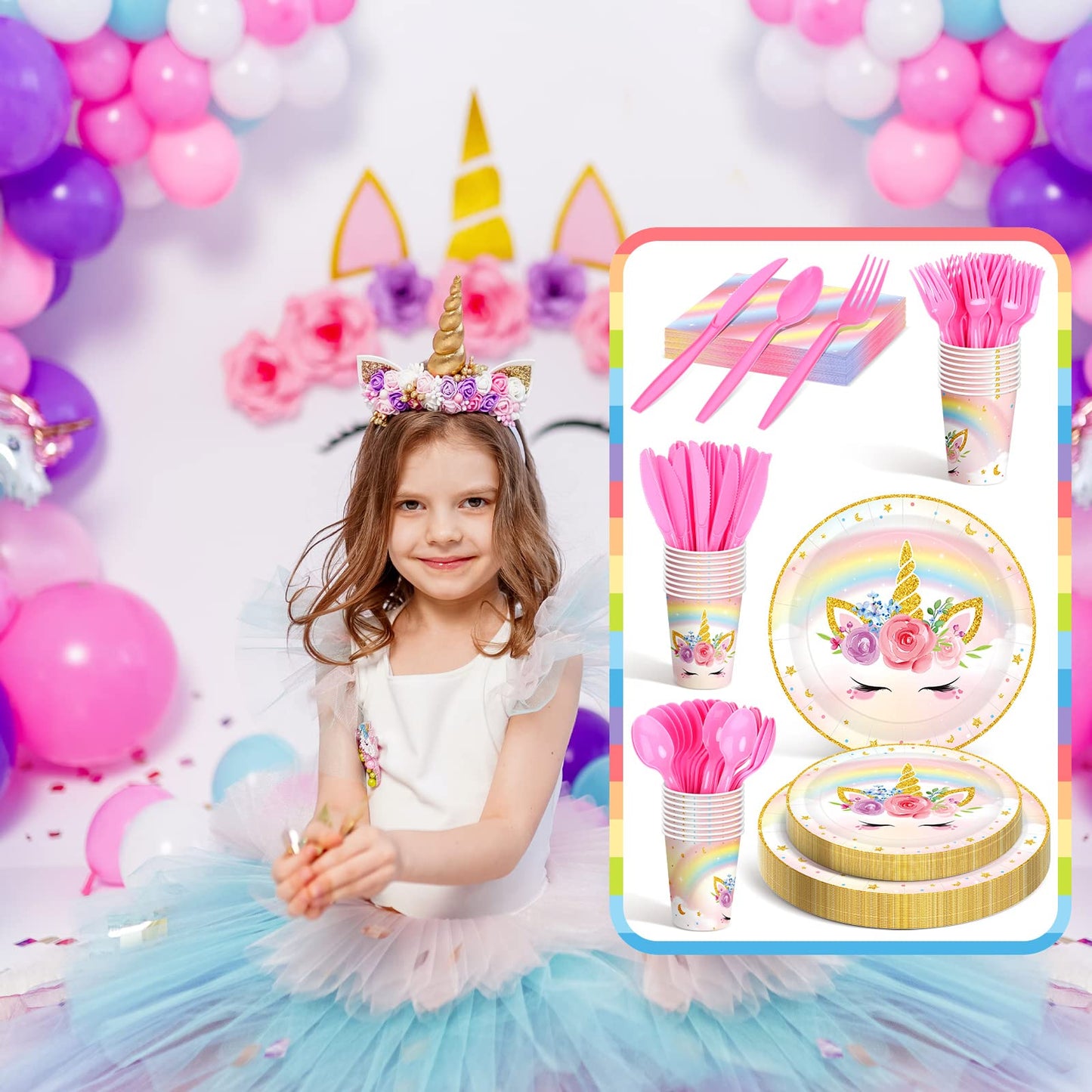 Meanplan 168 Pcs Unicorn Party Tableware Set – Serves 24 Guests for Birthday & Baby Shower