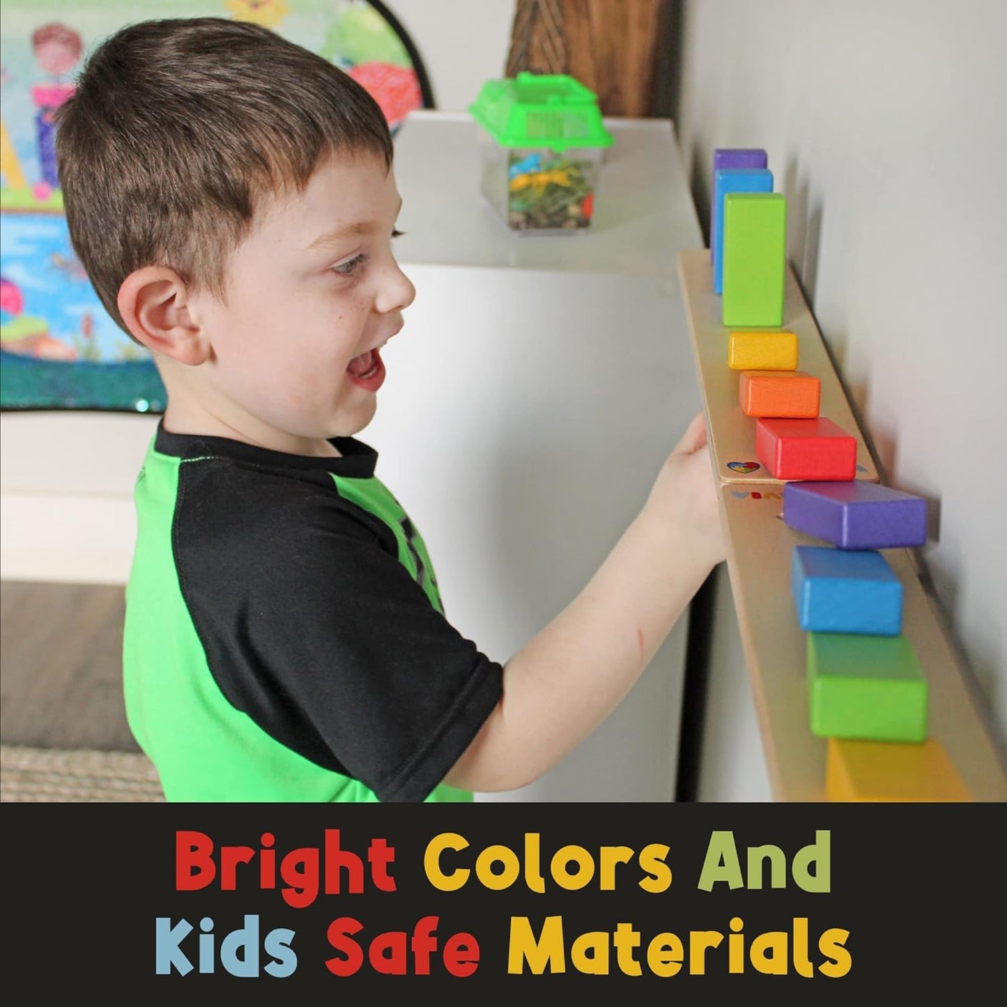 MEAVIA Wooden Falling Domino Wall & Stand – Colorful Toppling Blocks for Kids