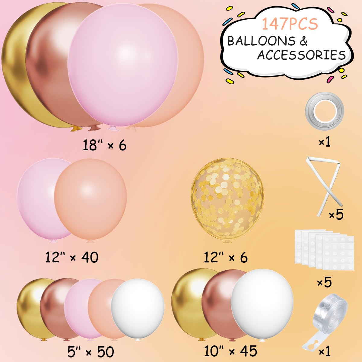 MEBAY Rose Gold Balloon Arch Kit – 147Pcs Metallic Gold, Pink & Nude Garland for Weddings