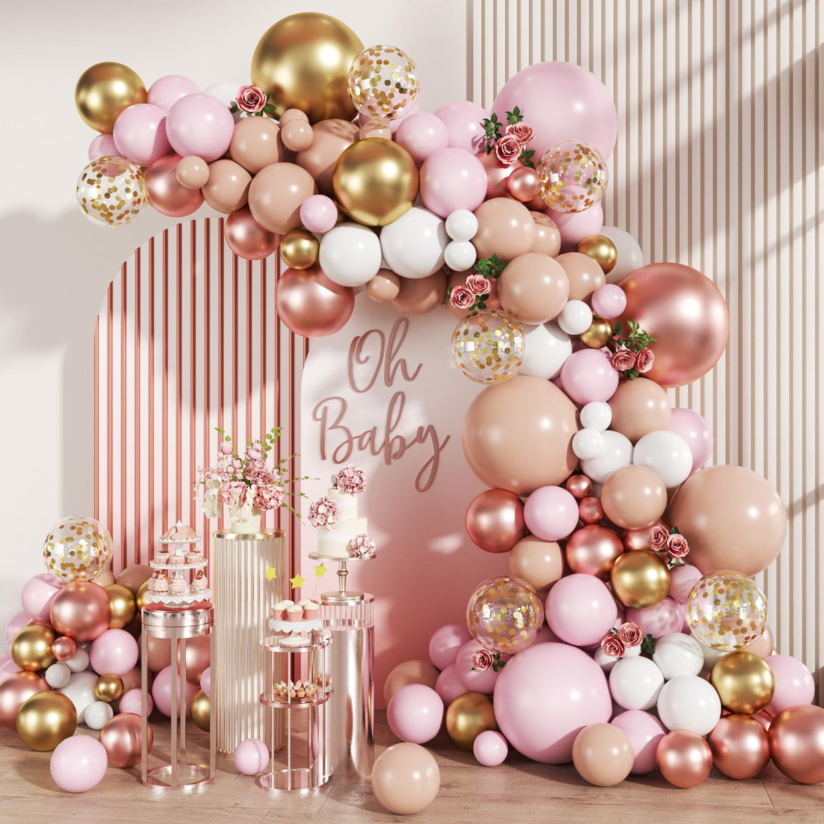 MEBAY Rose Gold Balloon Arch Kit – 147Pcs Metallic Gold, Pink & Nude Garland for Weddings
