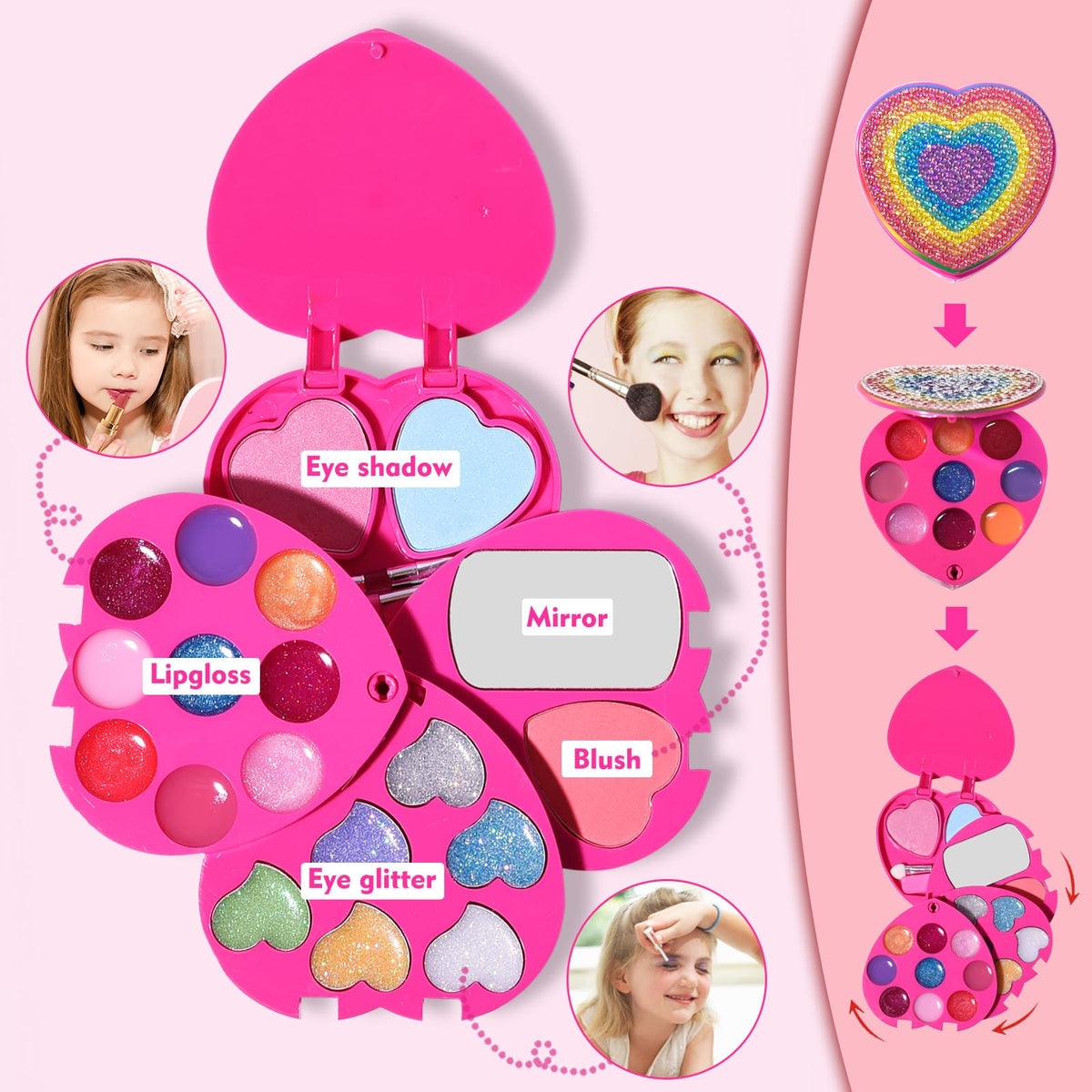 Mebtmel Heart Shape Kids Makeup Kit – Safe, Non-Toxic, Washable, 4-Layer Rotating