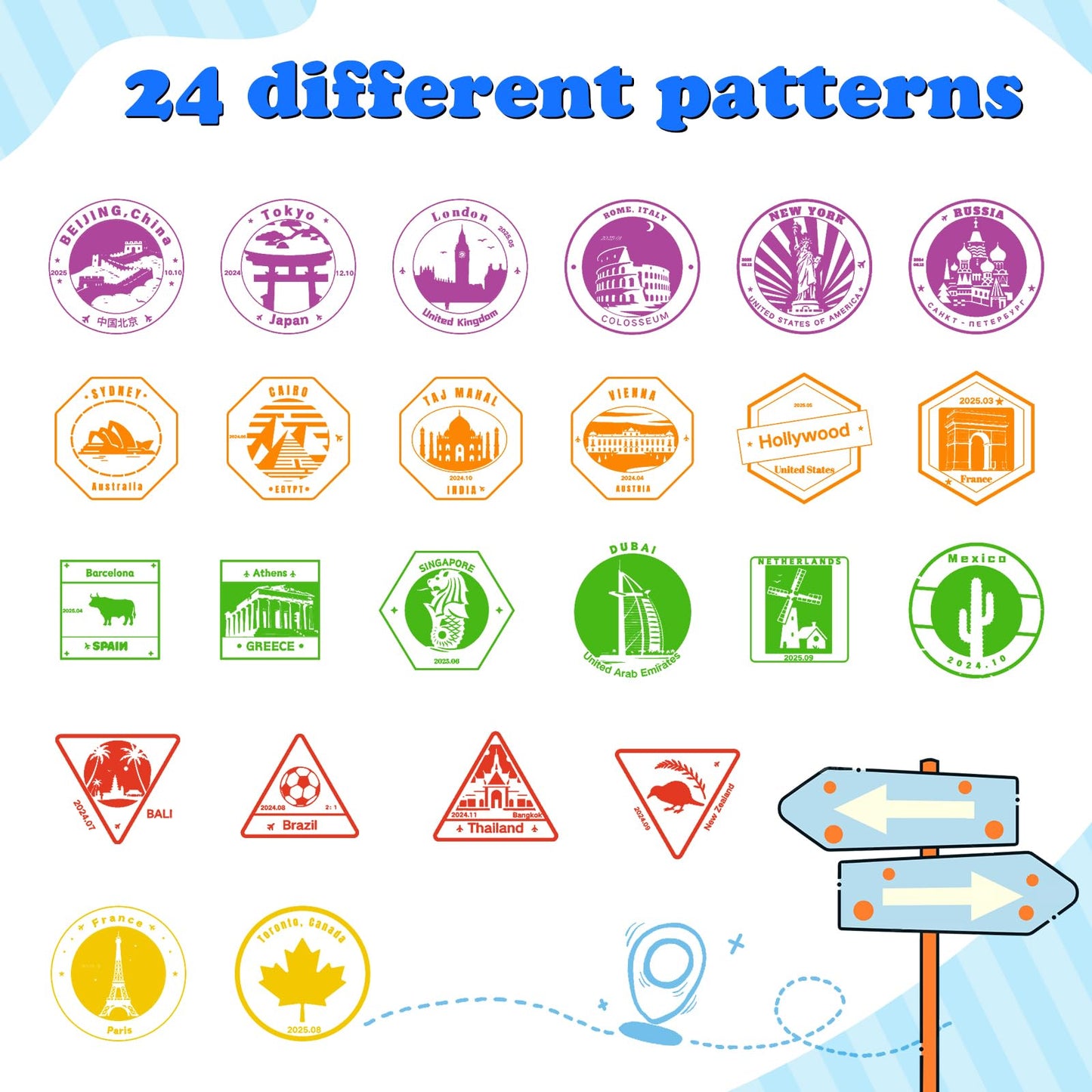 MeCids Passport Stamps for Kids – City & Country Stamp Set (24 Landmarks) | Educational Travel-Themed Arts & Crafts