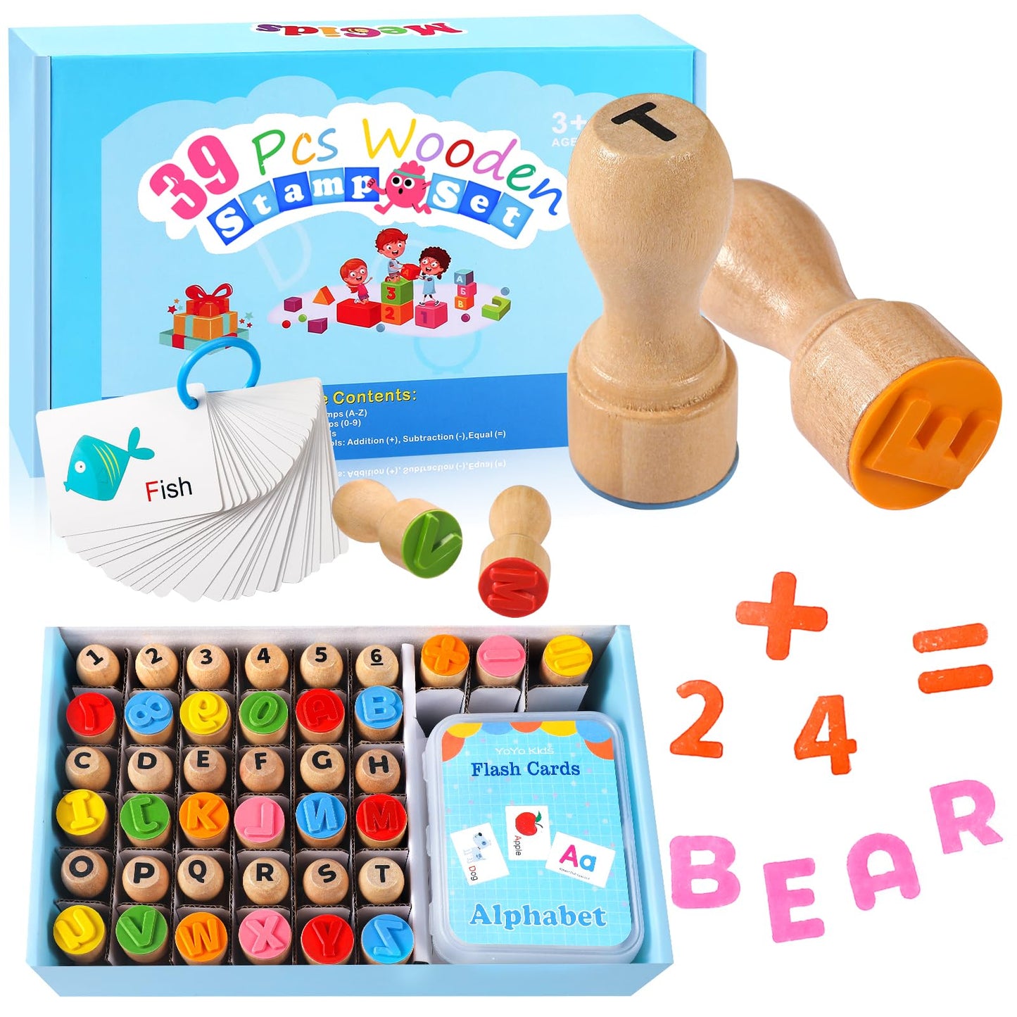 MeCids Wooden Alphabet & Number Stamp Set – 39-Piece Educational Toy for Kids