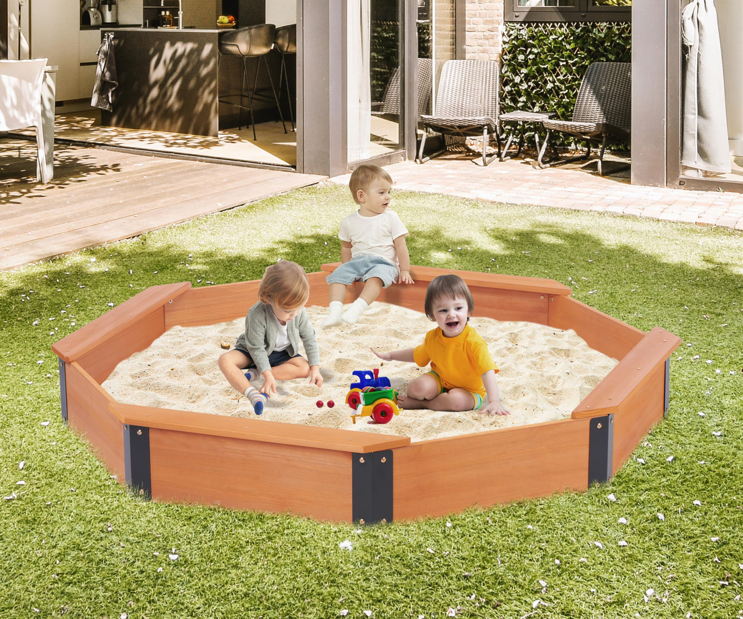 Mederra 64x56x9 Wooden Octagon Sandbox with Cover – Large Outdoor Sandpit, Easy & Quick Assembly