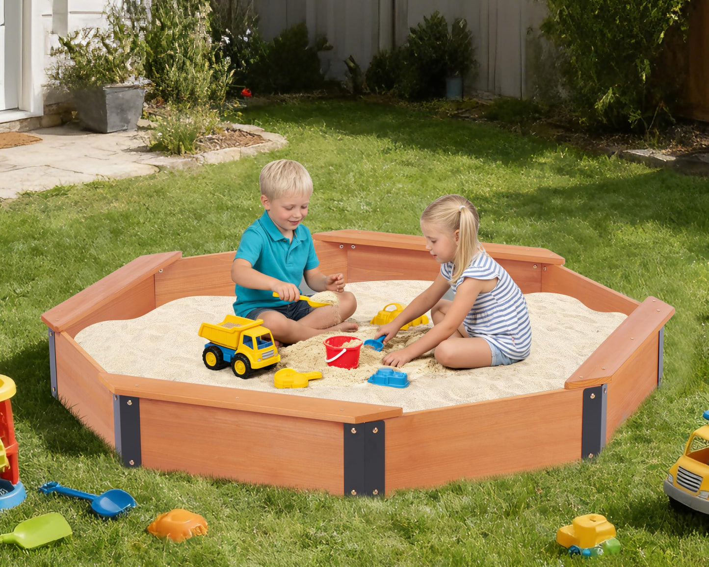 Mederra 64x56x9 Wooden Octagon Sandbox with Cover – Large Outdoor Sandpit, Easy & Quick Assembly