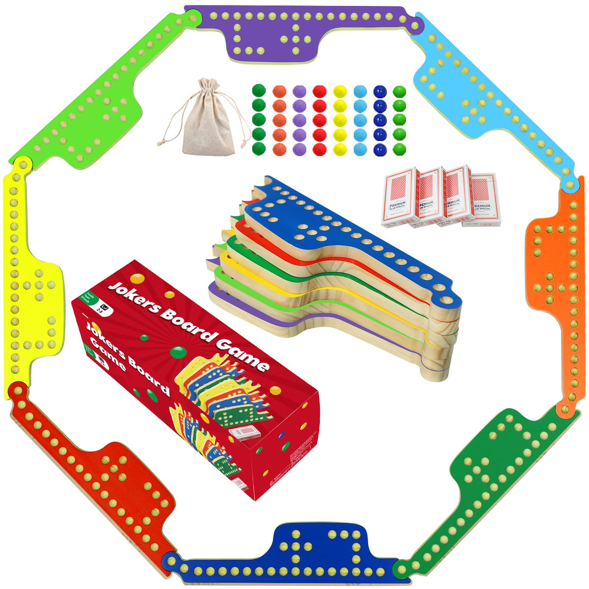 Medikaison Colorful Jokers & Marbles Board Game – 2-8 Players, 8 Wooden Boards, 40 Marbles, 4 Card Decks